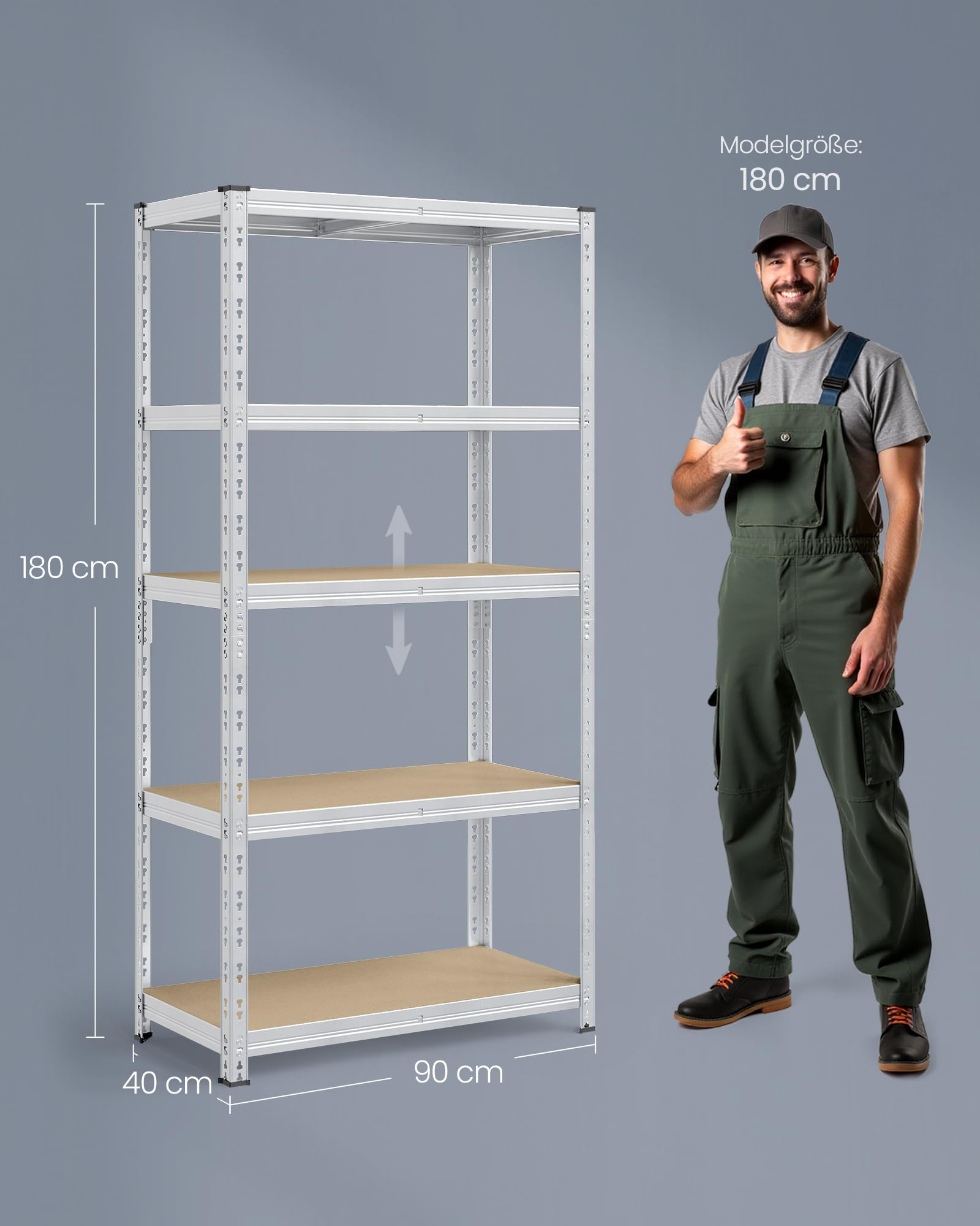 Artigiano con pollice in alto accanto a uno scaffale metallico alto 180 cm.
