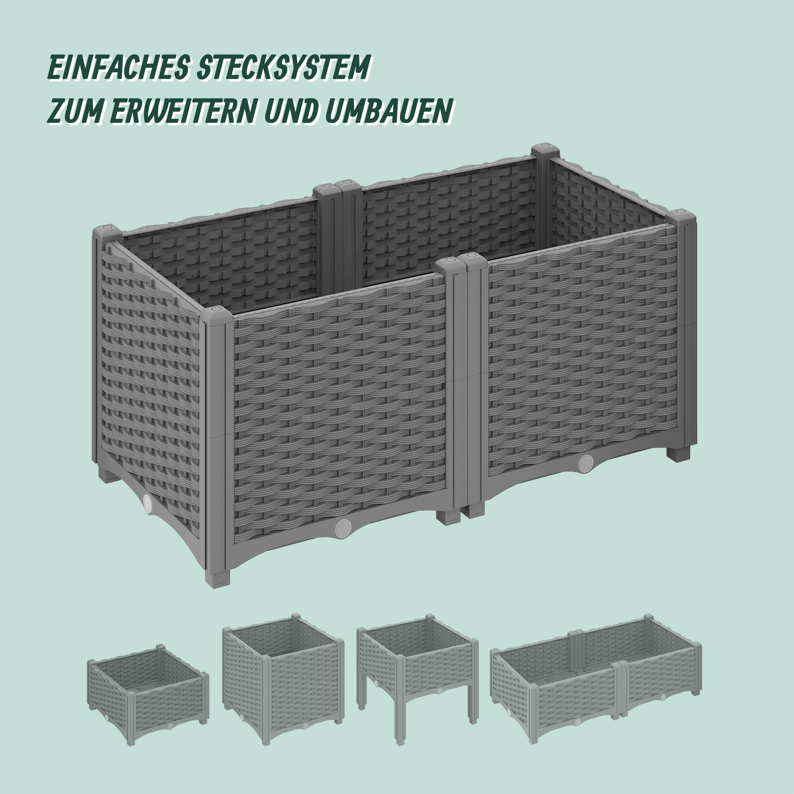 Jardinière surélevée modulaire grise imitation rotin avec différentes options de montage.