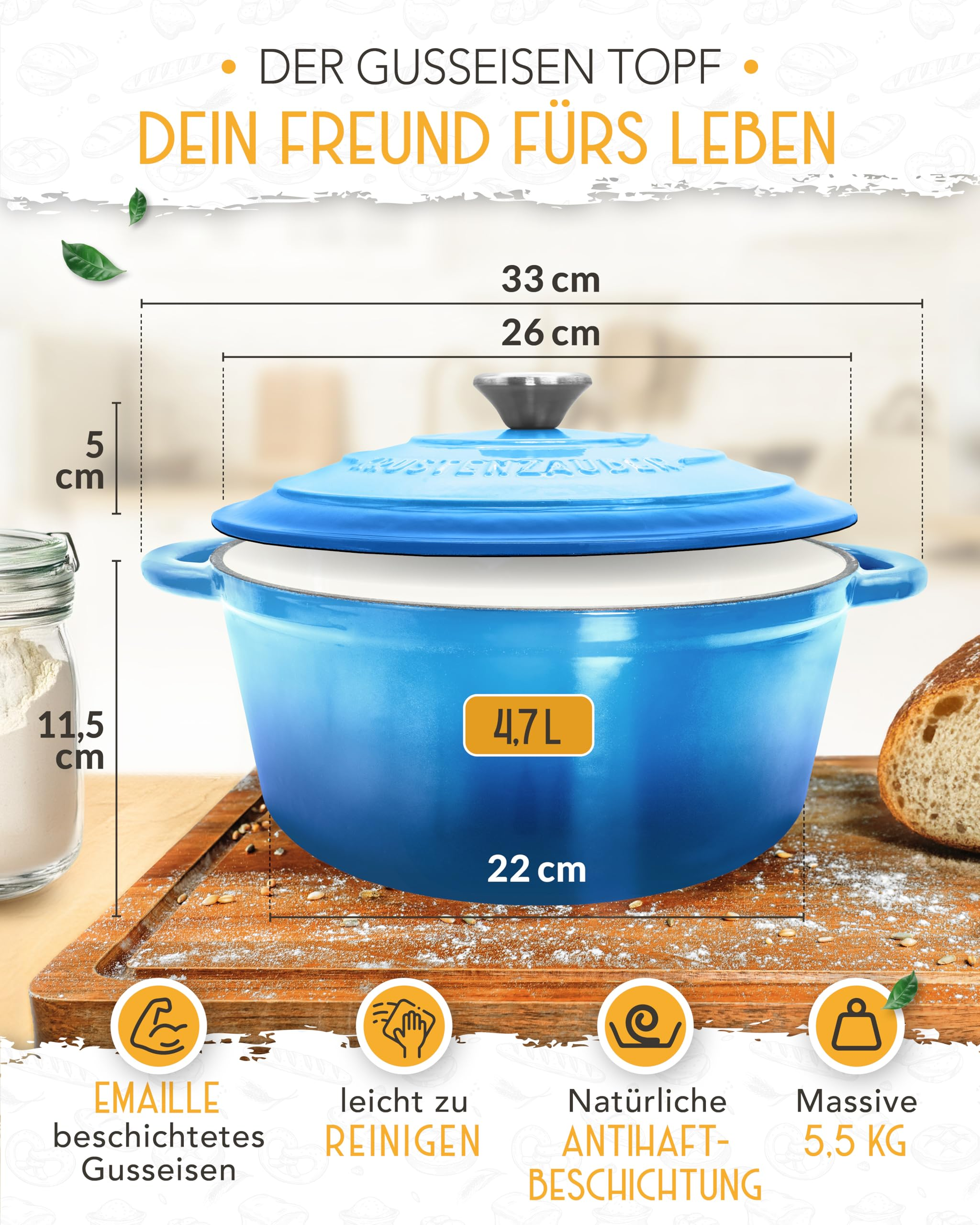 Ein blauer Gusseisentopf auf einem Holzbrett mit Maßen und Produktmerkmalen.