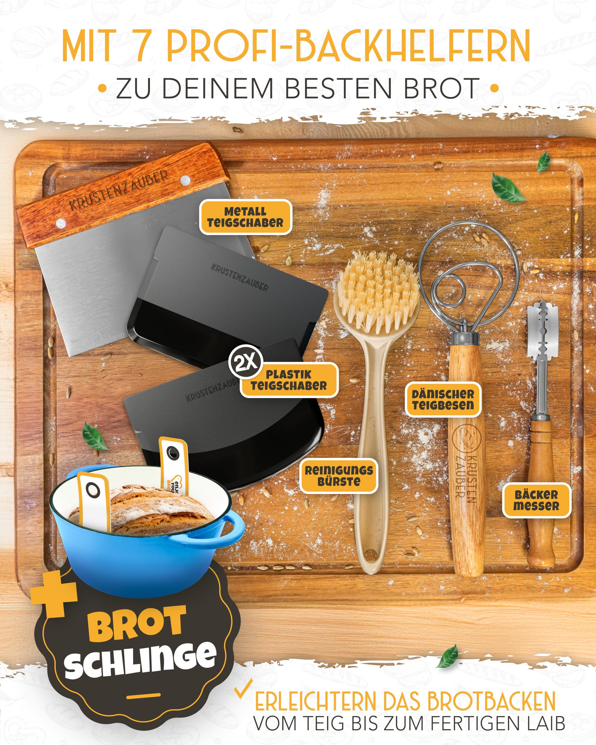 Brotbackzubehör auf einem Holzbrett mit Teigschabern, Bürste, Schneebesen, Messer und einem blauen Topf.
