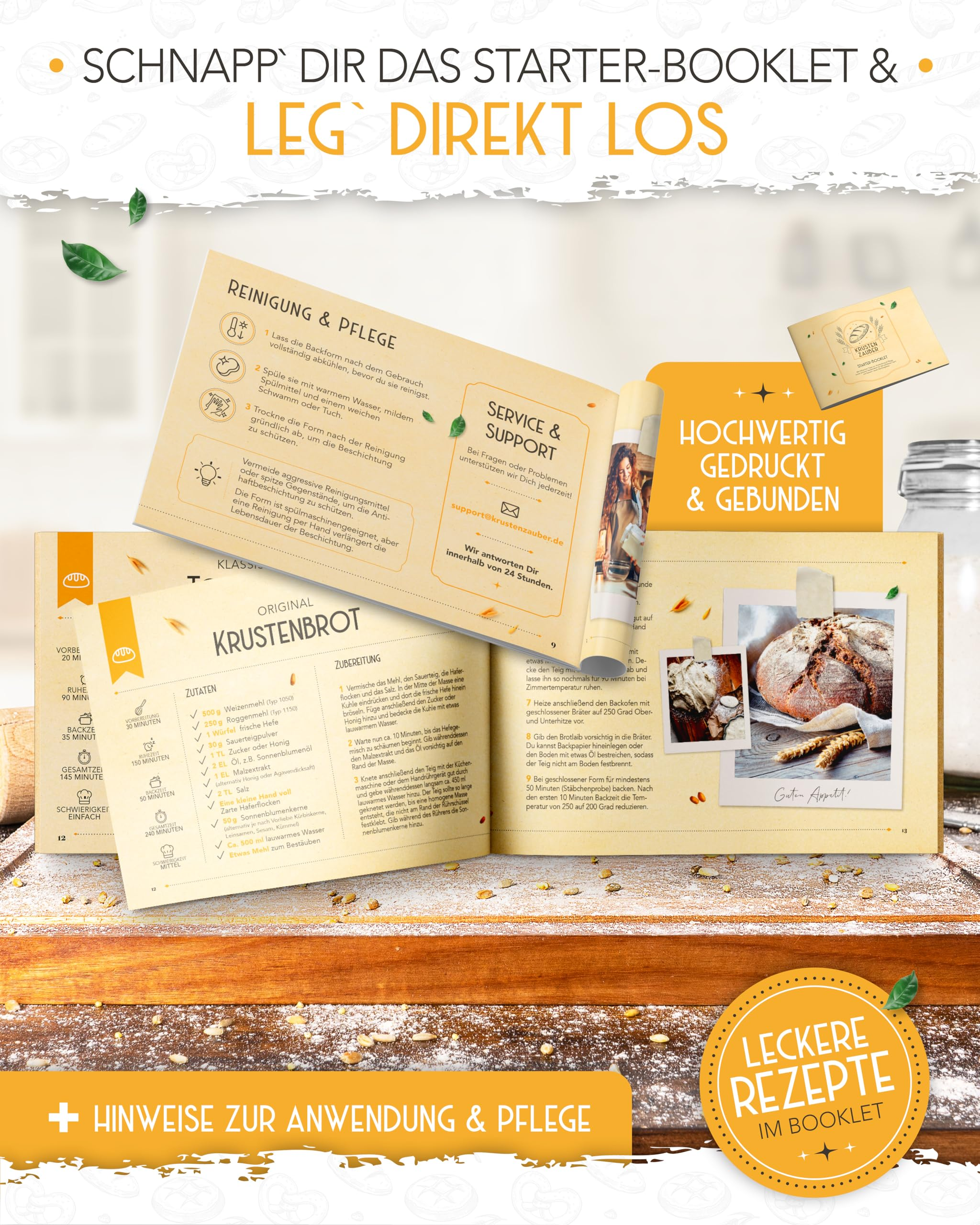 Ein offenes Rezeptbuch mit Tipps und Krustenbrot-Rezepten auf einem Holztisch.