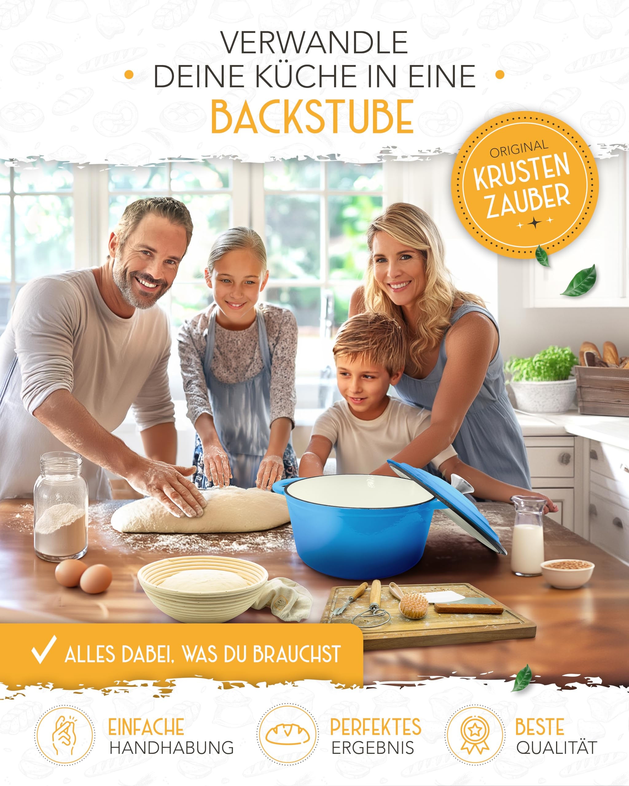 Eine Familie bereitet in der Küche gemeinsam Teig zu, daneben ein blauer Topf und Backzubehör.