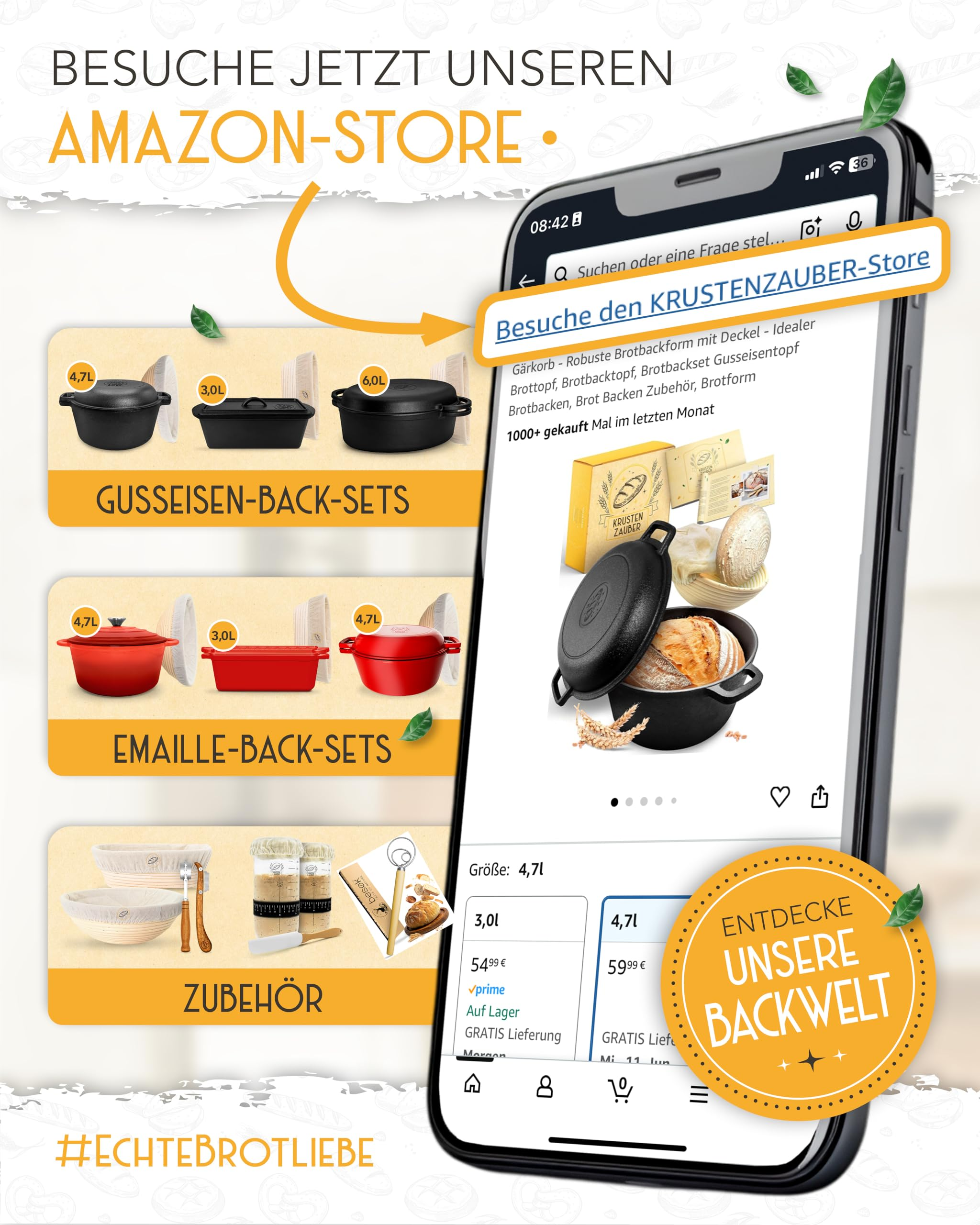 Smartphone zeigt einen Amazon-Online-Shop für Brotbackzubehör und Gusseisentöpfe.