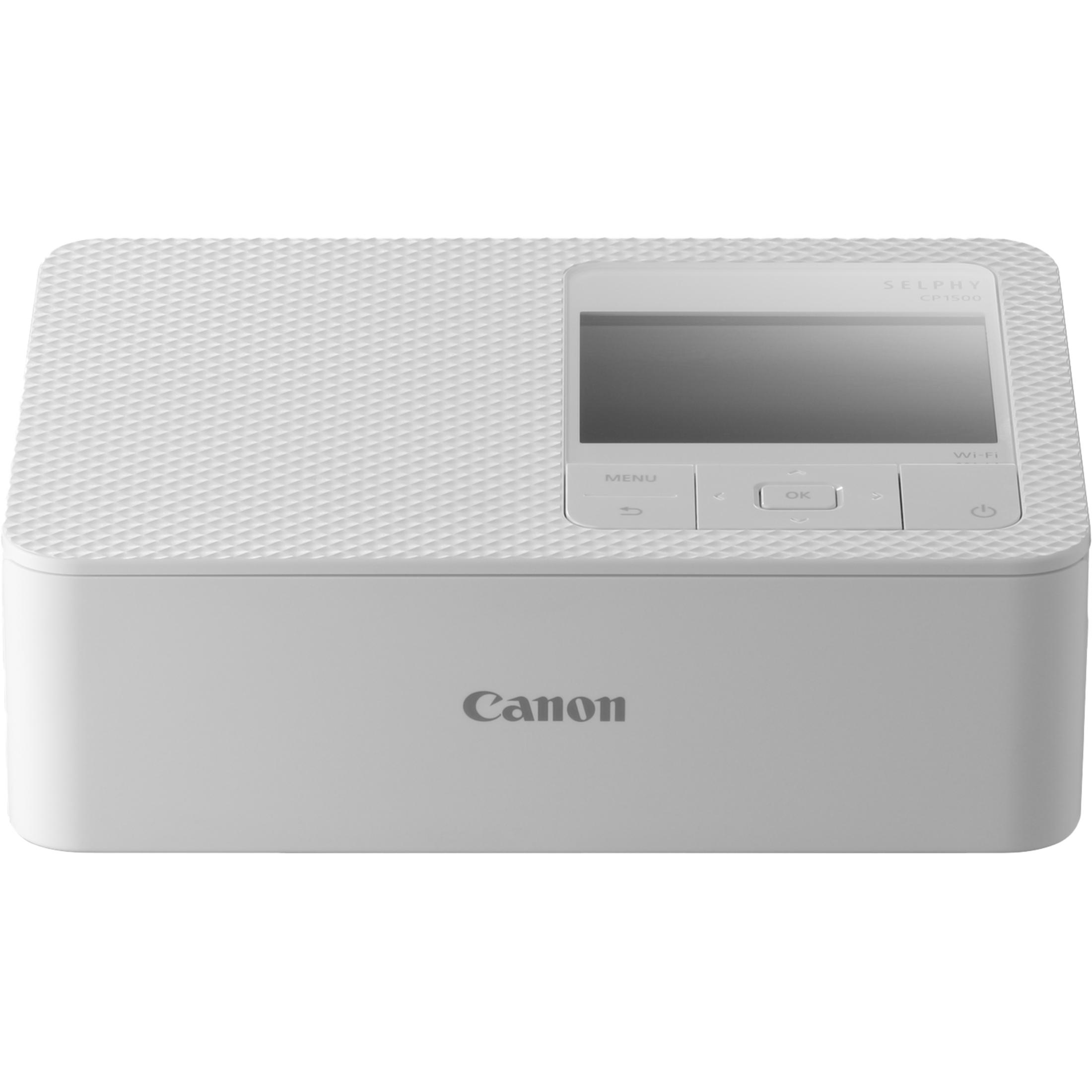 Ein weißer Canon SELPHY CP1500 Fotodrucker mit Display und Tasten auf der Oberseite.