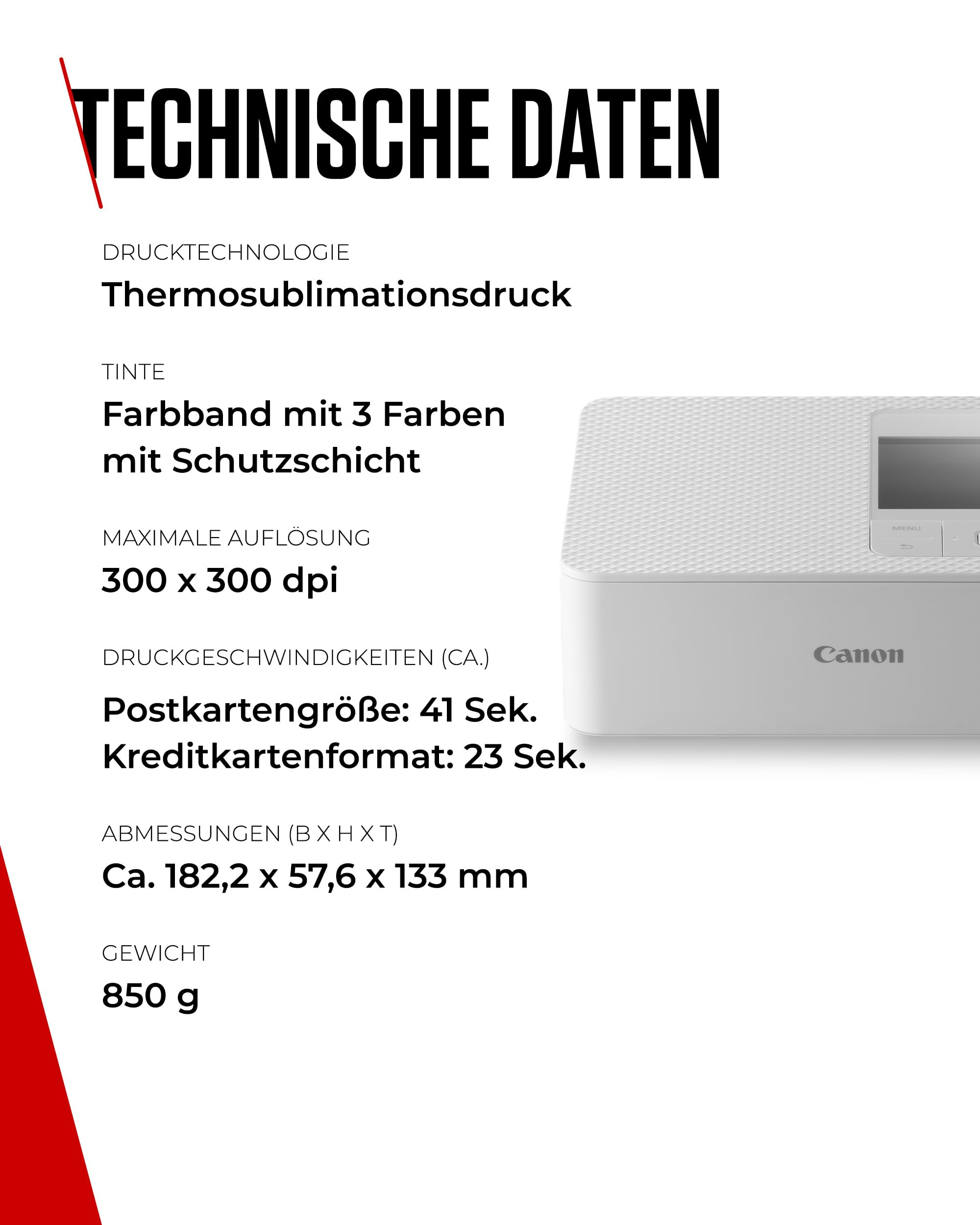 Technisches Datenblatt für einen weißen Canon Kompaktfotodrucker mit Auflösung und Druckgeschwindigkeit.
