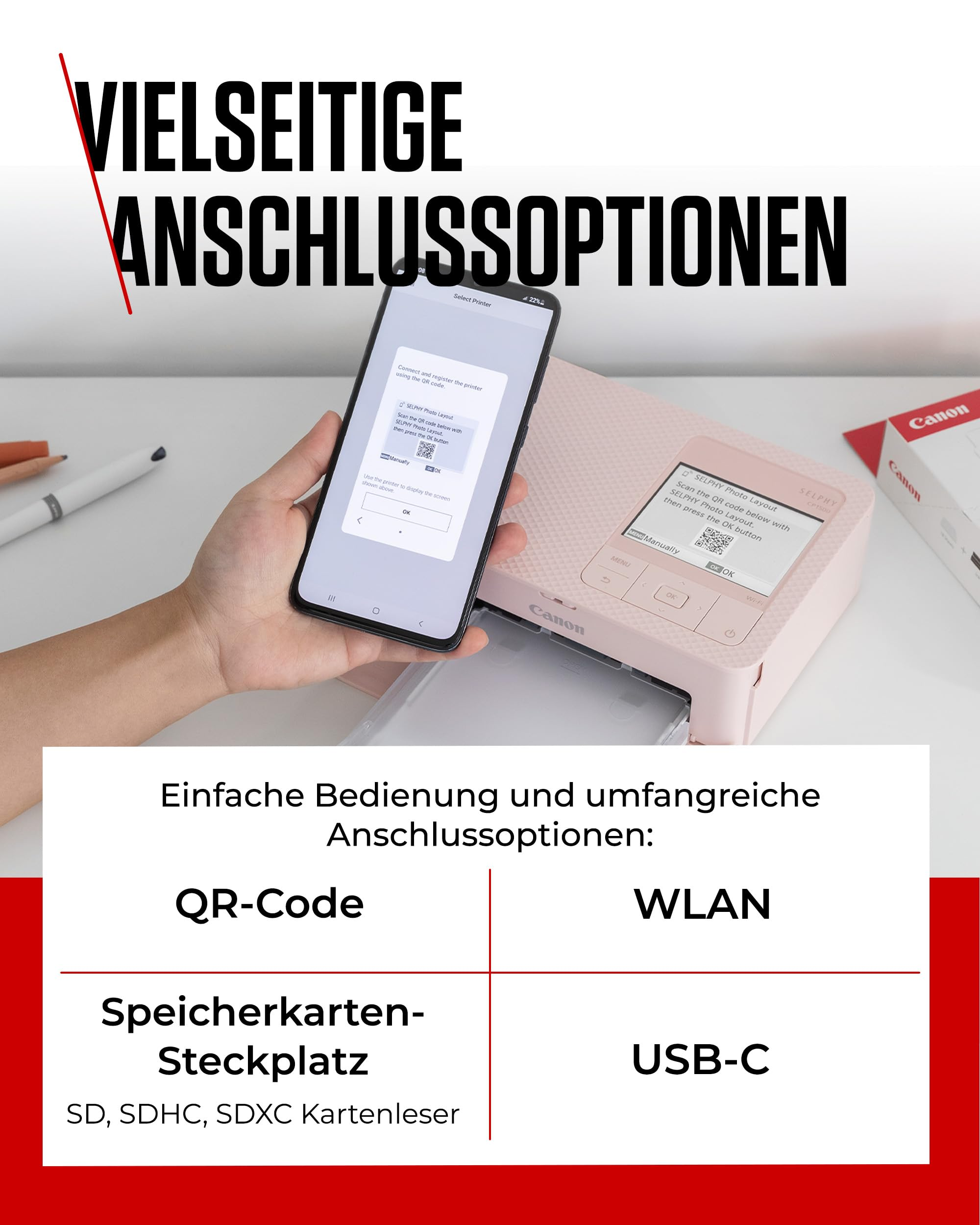 Hand hält Smartphone mit QR-Code vor rosa Canon Selphy Drucker mit Text über Verbindungsoptionen.
