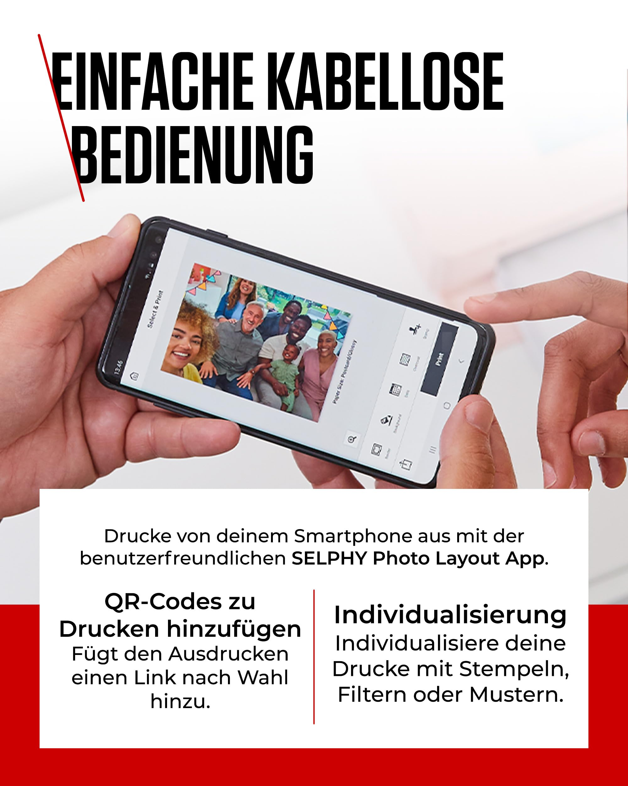 Hände halten ein Smartphone mit Gruppenfoto und Druck-App-Oberfläche, begleitet von deutschem Werbetext.