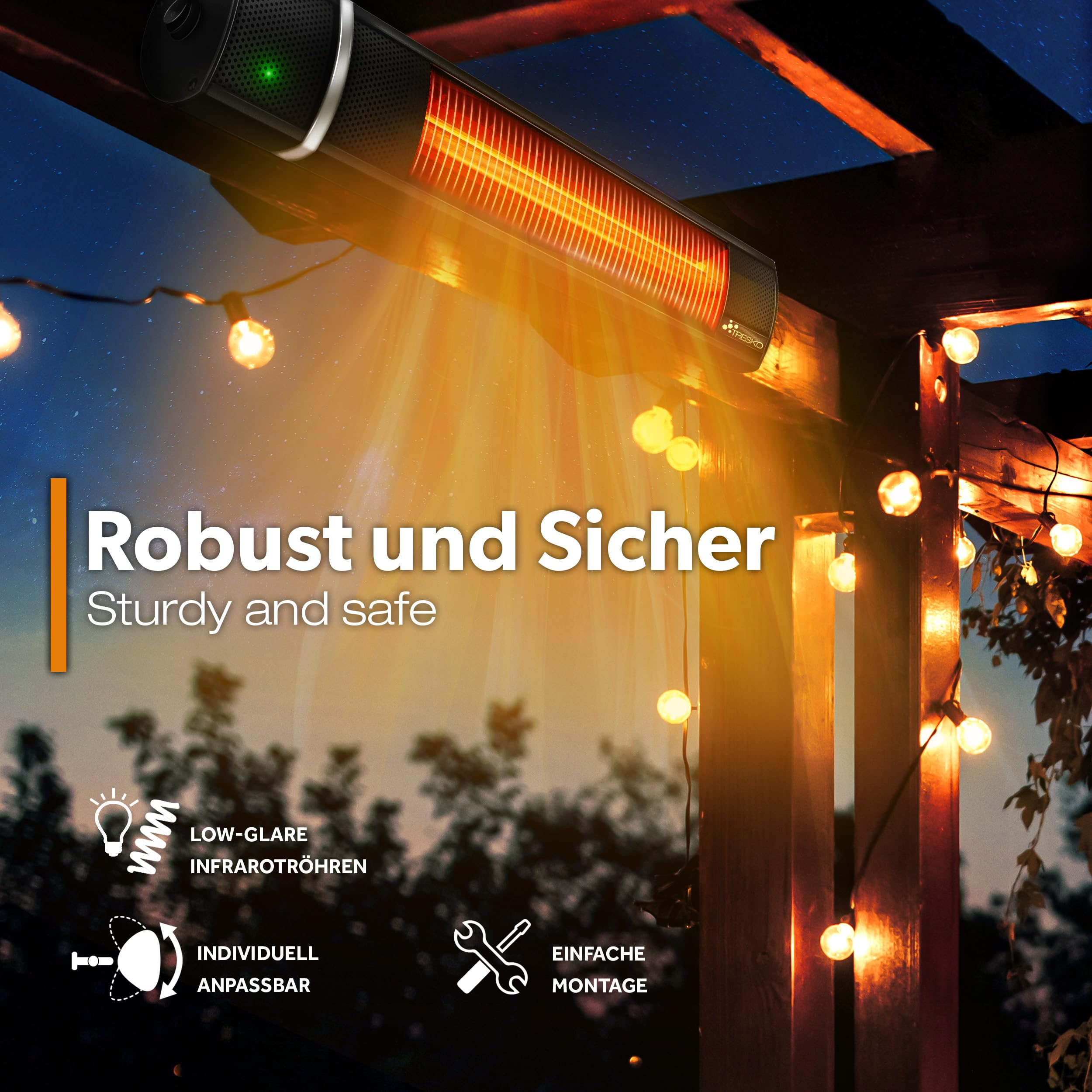 Ein beleuchteter Infrarot-Heizstrahler montiert unter einer Holzterrasse mit Lichterketten.
