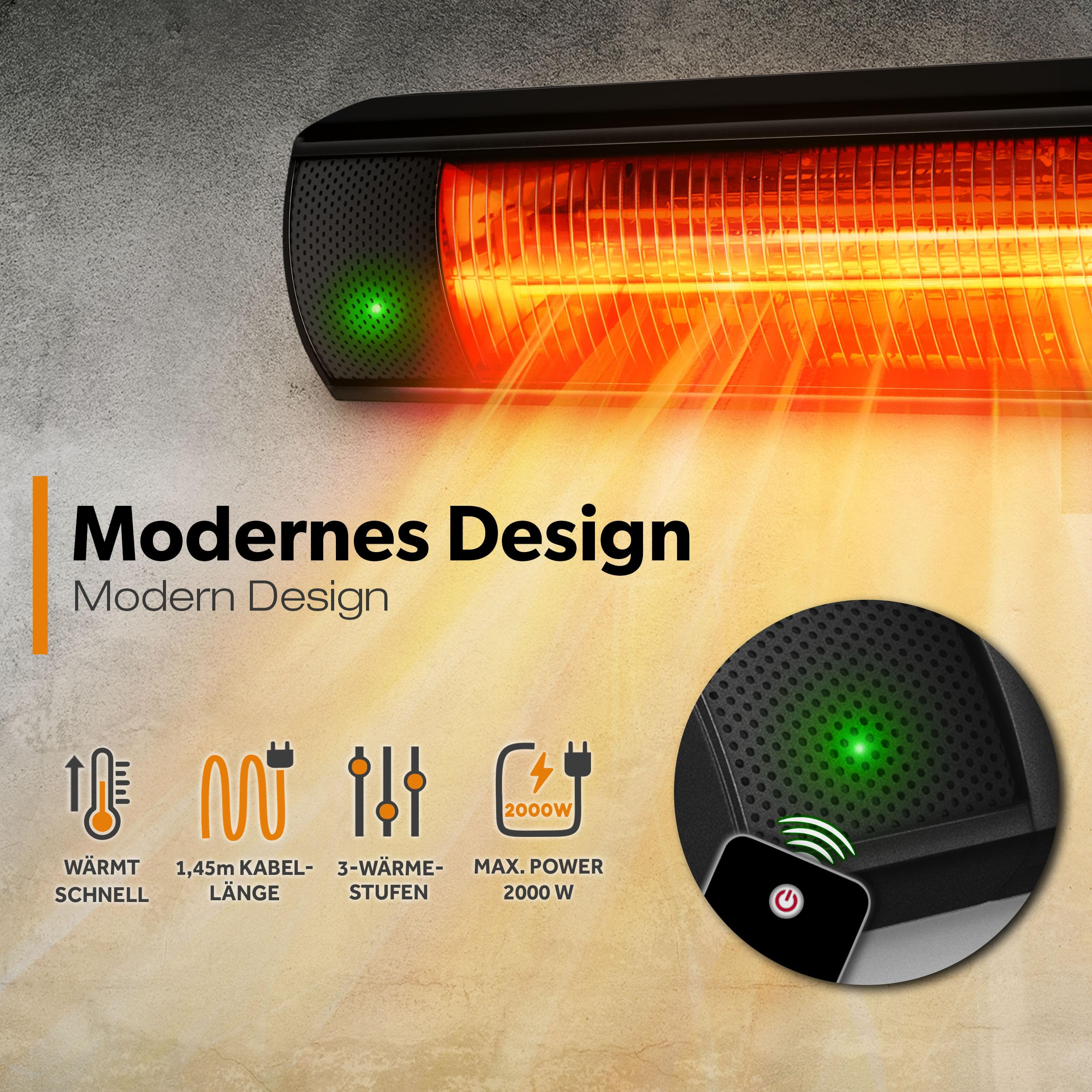 Moderner 2000W Infrarot-Heizstrahler mit Fernbedienung, schnellem Aufheizen und drei Stufen.