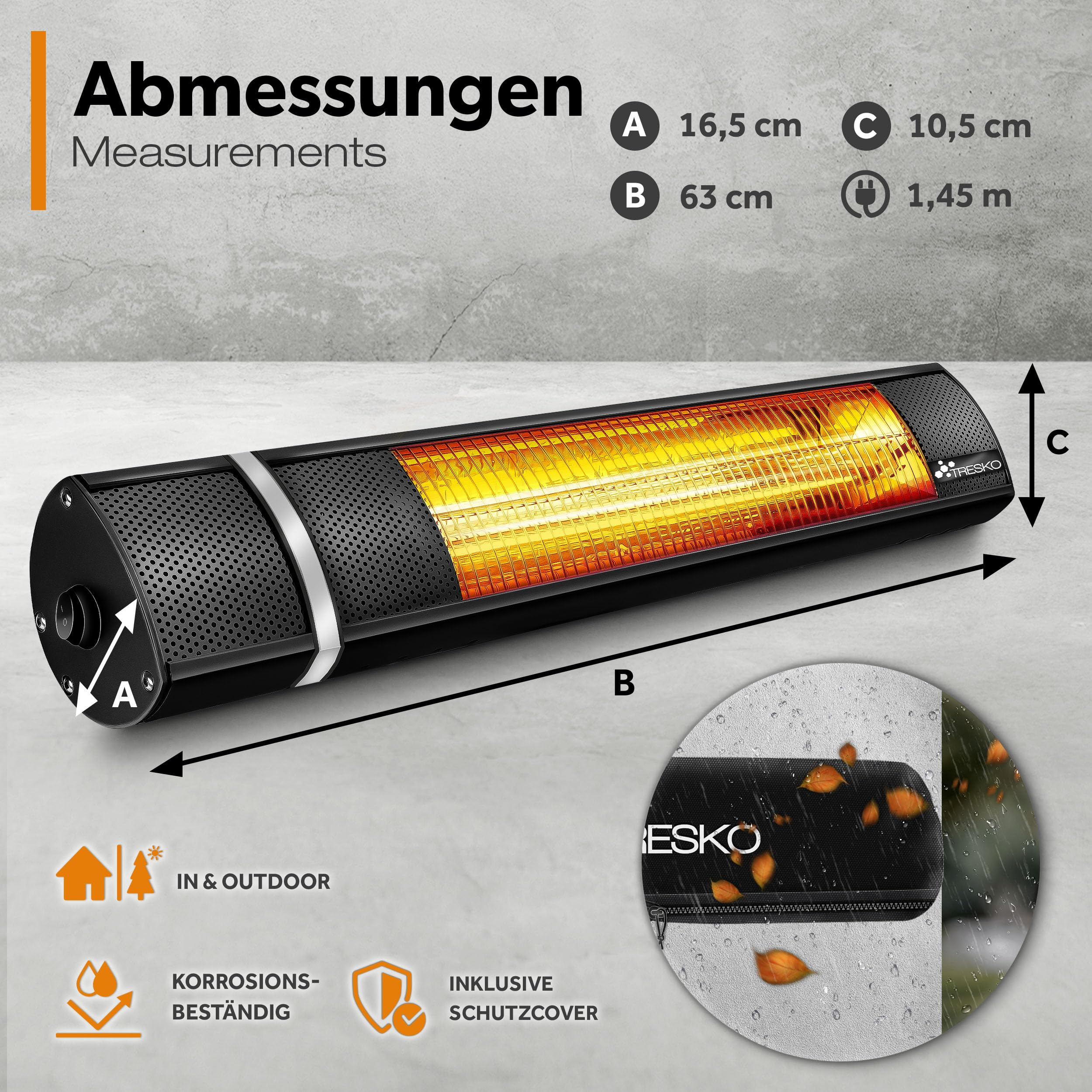 Schwarzer Infrarot-Heizstrahler mit leuchtendem Element, Maßangaben und Wetterschutzhülle.