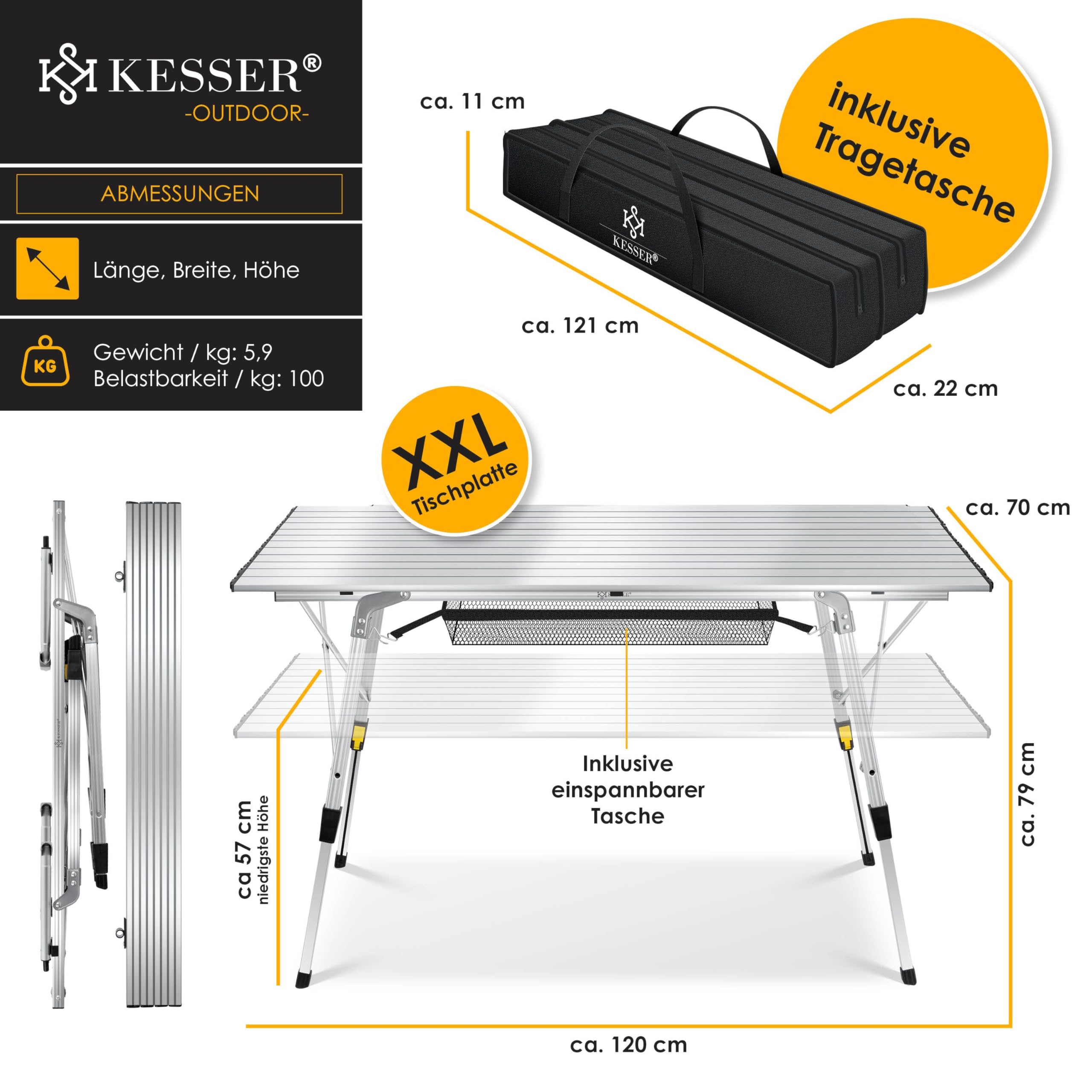 Grafico dimensioni tavolo da campeggio Kesser con borsa e ripiano.