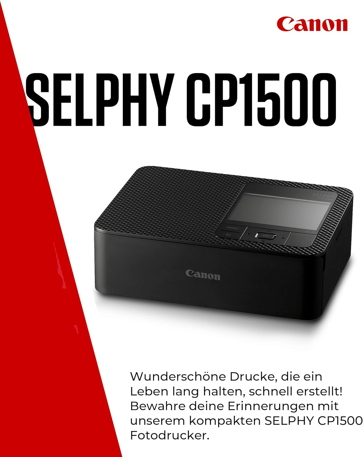 Schwarzer Canon SELPHY CP1500 Fotodrucker auf weißem Hintergrund mit rotem Rand und Text.