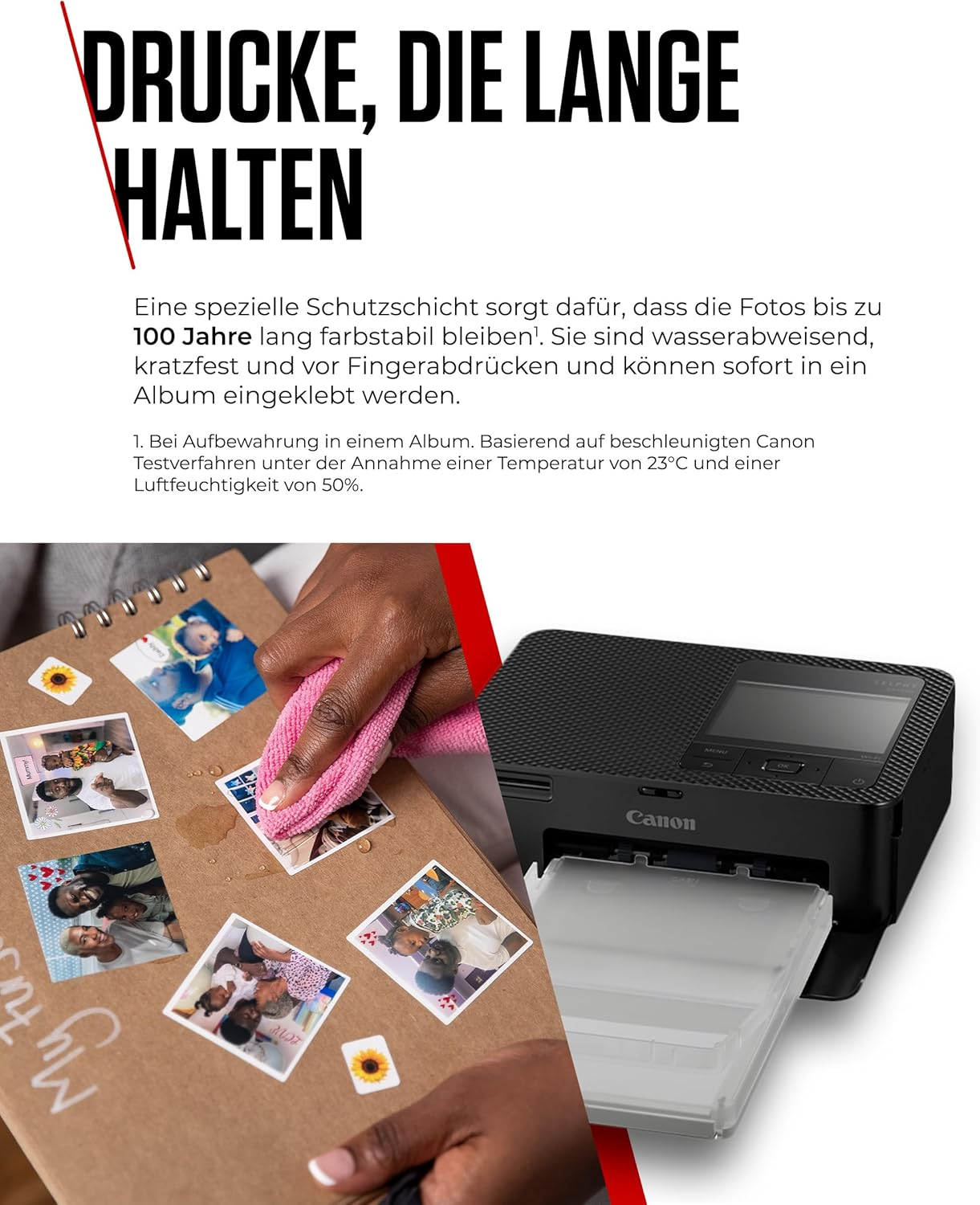 Werbeanzeige für langlebige Fotodrucke mit Drucker und Fotoalbum.