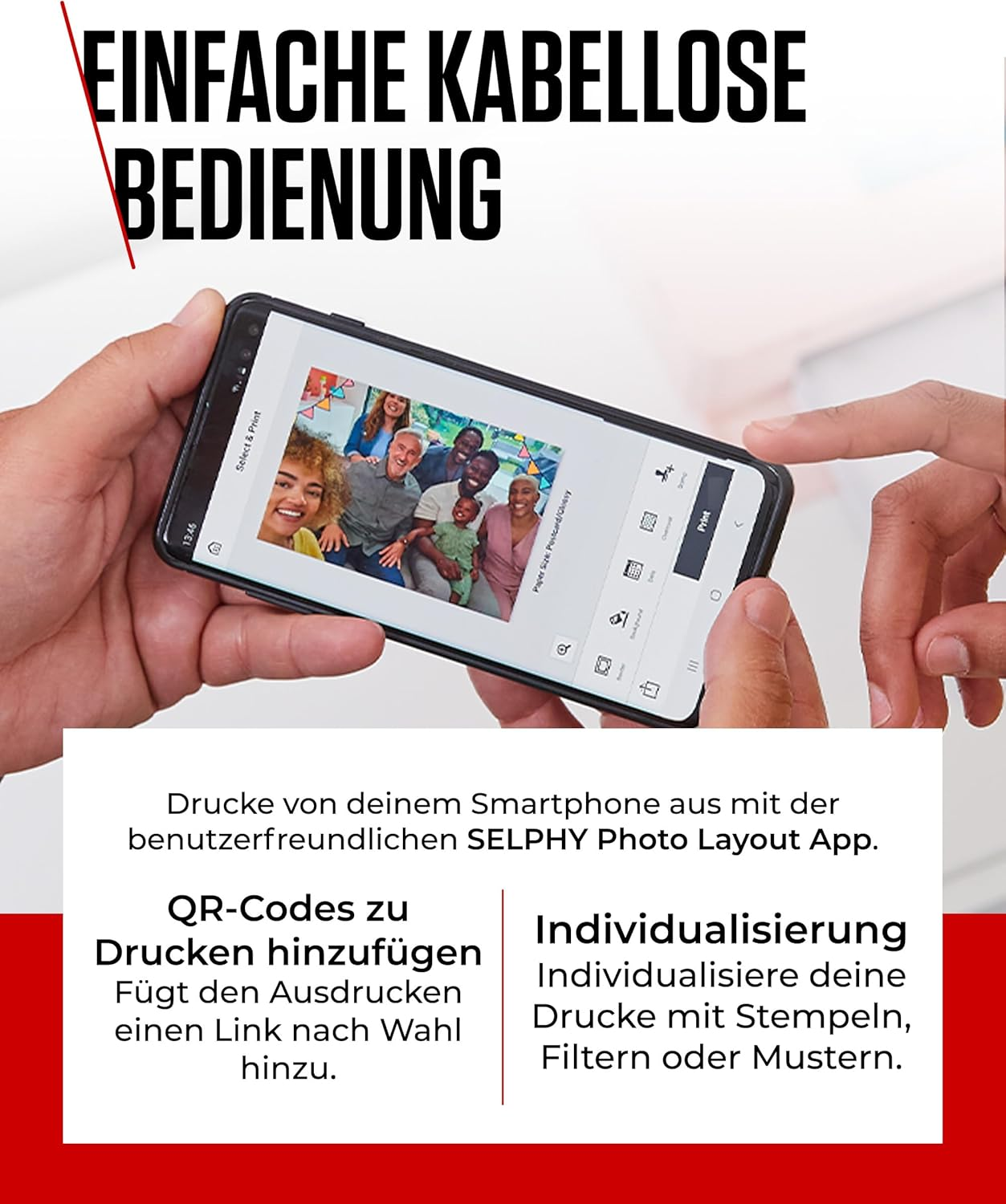Hände halten ein Smartphone mit Gruppenfoto und Bearbeitungsoptionen, mit deutschem Text.