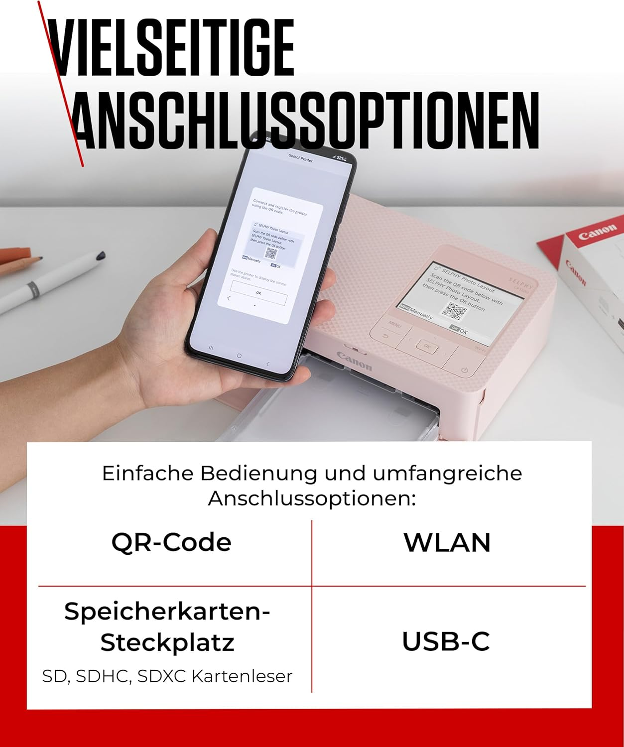 Hand hält Smartphone vor einen rosa Canon SELPHY Drucker. Text zeigt QR-Code, WLAN, USB-C und SD-Karten-Optionen.