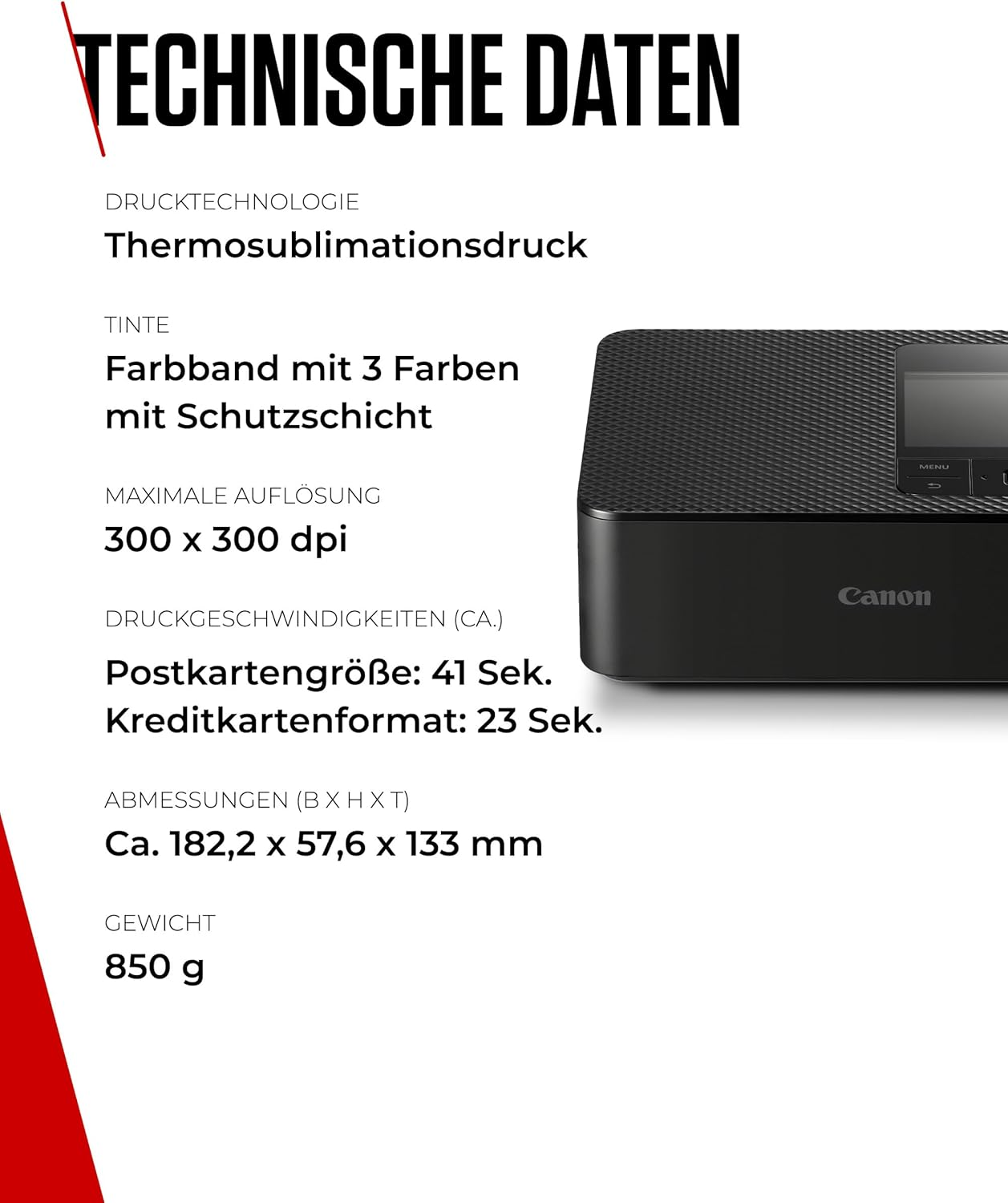 Technische Daten eines schwarzen Canon Druckers mit Thermosublimation, 300x300 dpi Auflösung und Maßen.