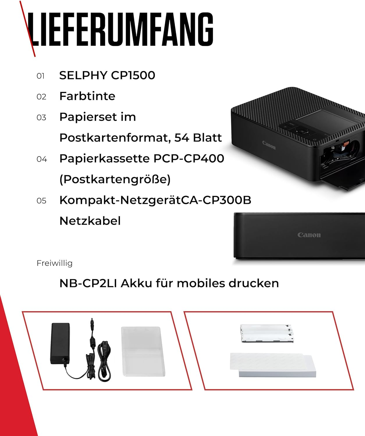 Lieferumfang einer Canon SELPHY CP1500 mit Drucker, Tinten, Papier und Netzteil auf weißem Hintergrund.
