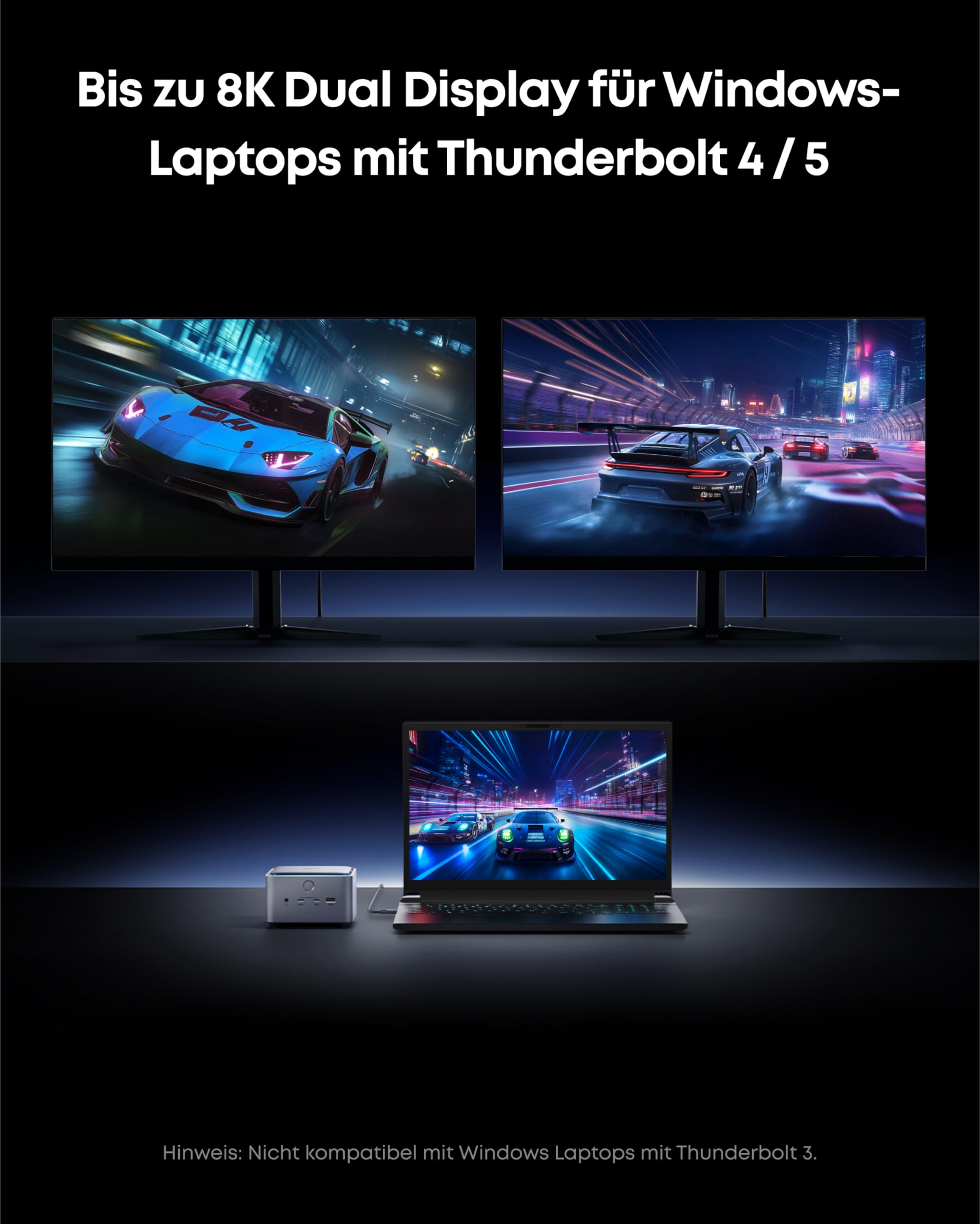 Zwei Monitore und ein Laptop zeigen Rennwagen-Szenen mit Thunderbolt-Dock.