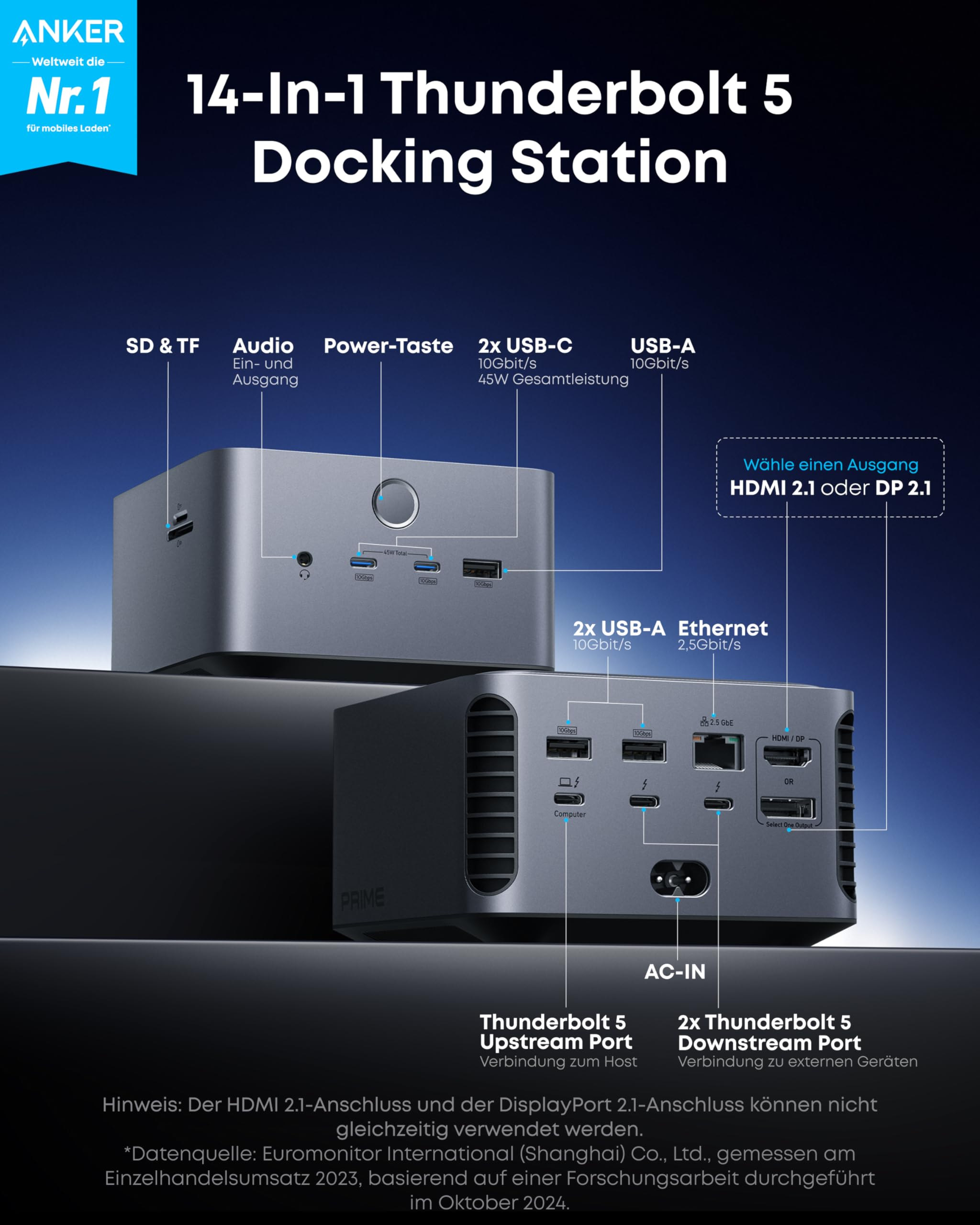 Anker 14-in-1 Thunderbolt 5 Dockingstation mit verschiedenen Anschlüssen vorne und hinten auf blauem Hintergrund.