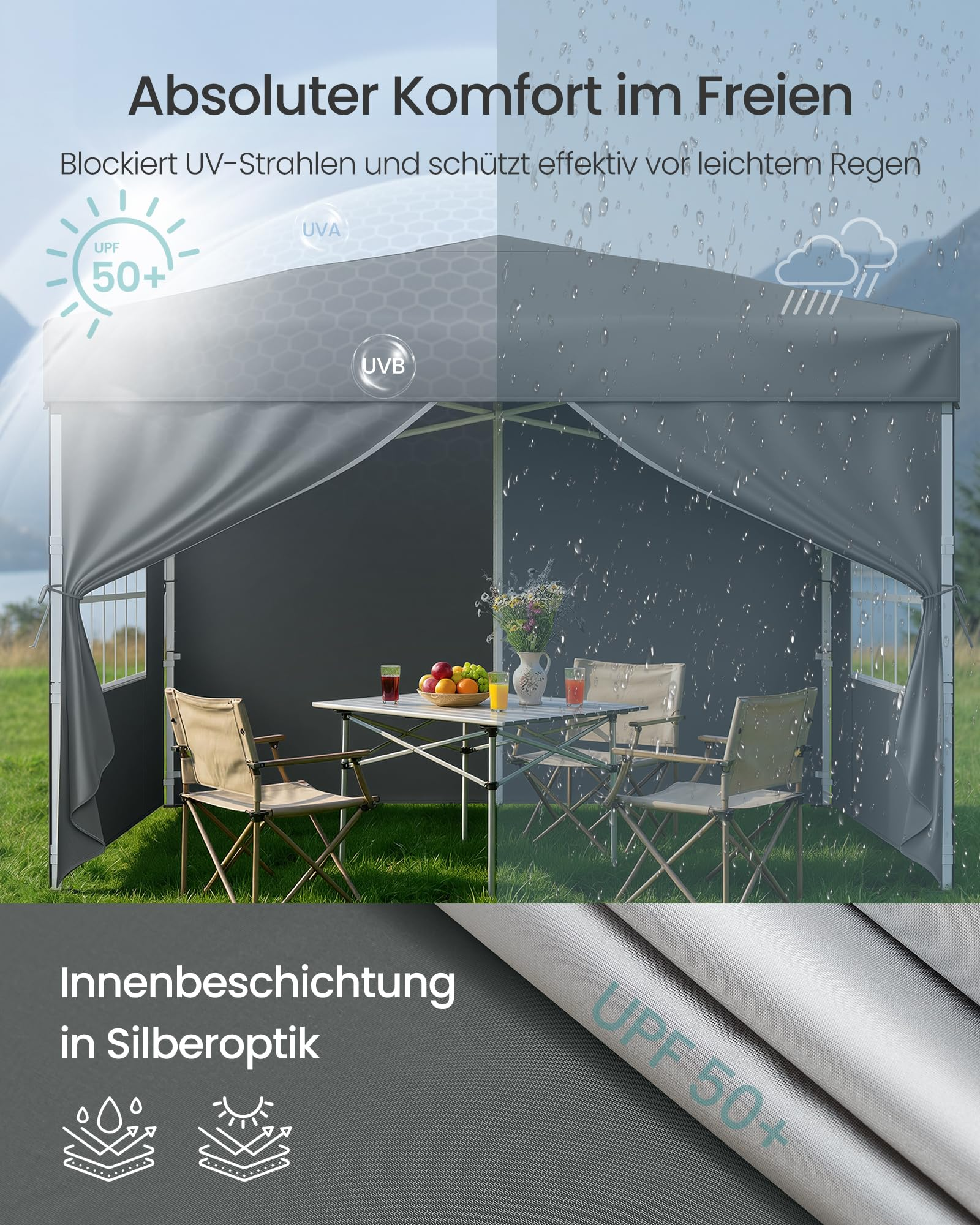 Grauer Pavillon im Freien mit Tisch, Stühlen und UV-sowie Regenschutz.