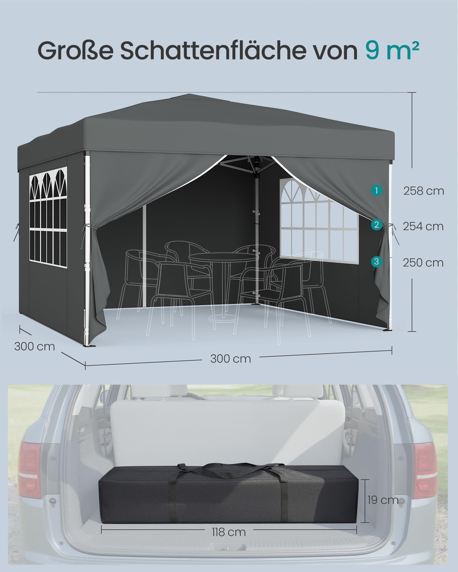 Diagramm eines grauen 3x3m Pavillons mit Maßen und einer Tasche im Kofferraum.