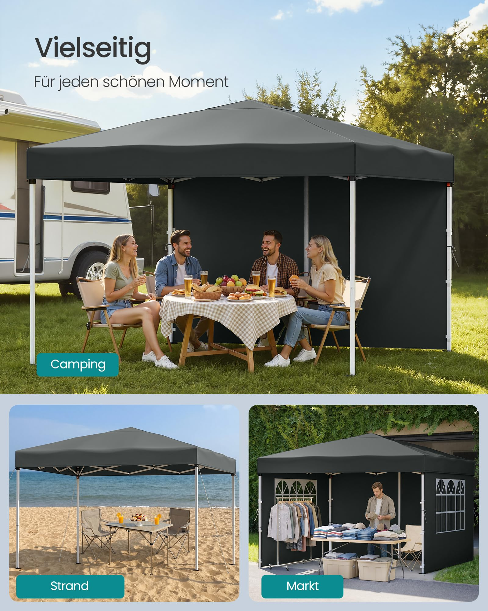 Ein graues Falt-Pavillon ist vielseitig einsetzbar beim Camping, am Strand oder auf dem Markt.