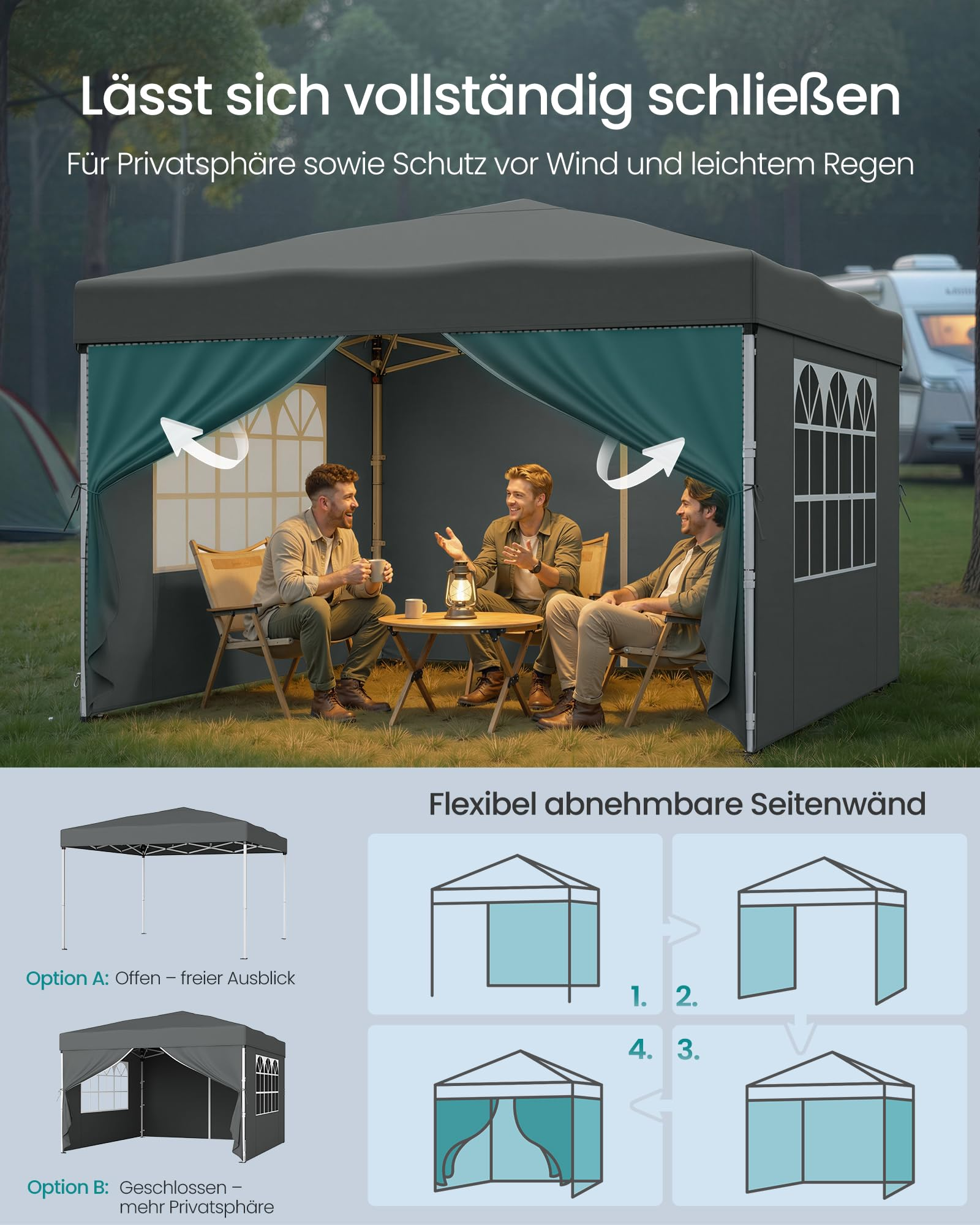 Drei Männer sitzen in einem grauen Pavillon mit klaren Seitenwänden auf Campingstühlen an einem Tisch.