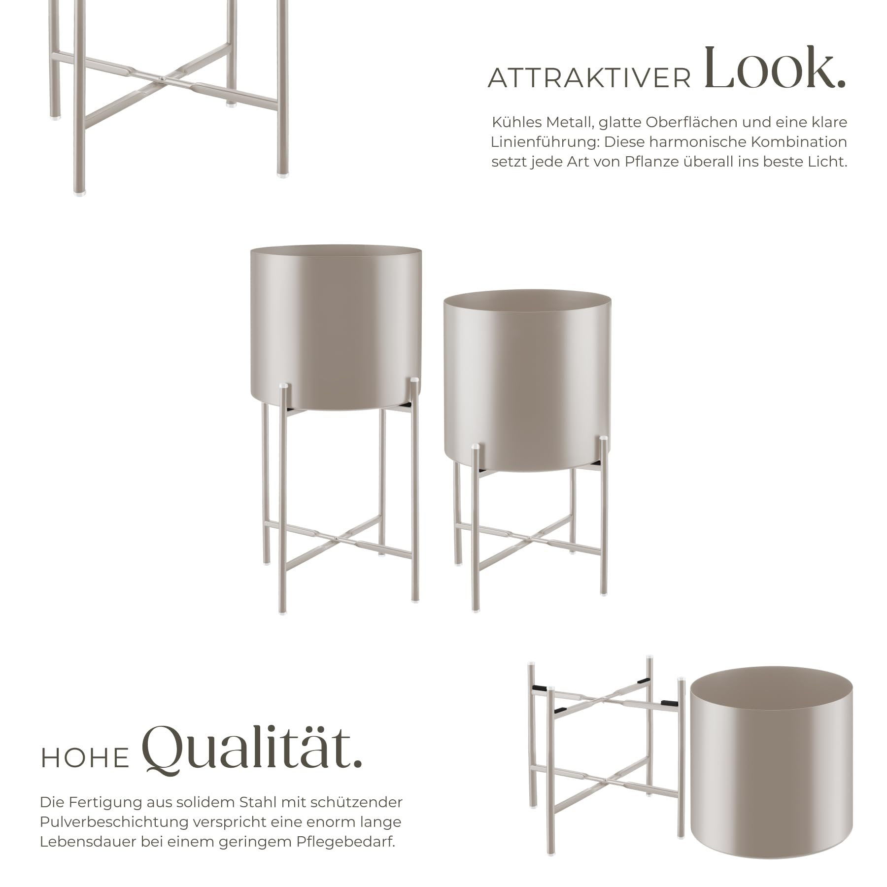 Deux pots de fleurs en métal gris sur supports avec texte promotionnel sur le design et la qualité.