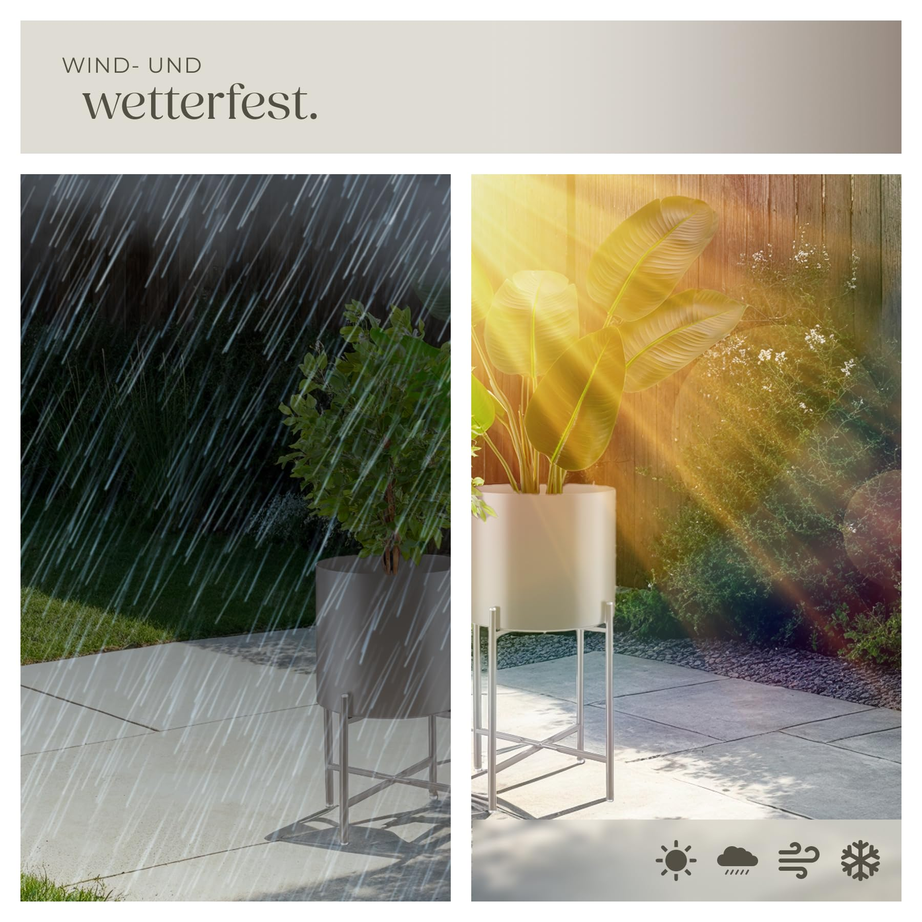 Image divisée : la gauche montre une forte pluie, la droite un soleil éclatant.