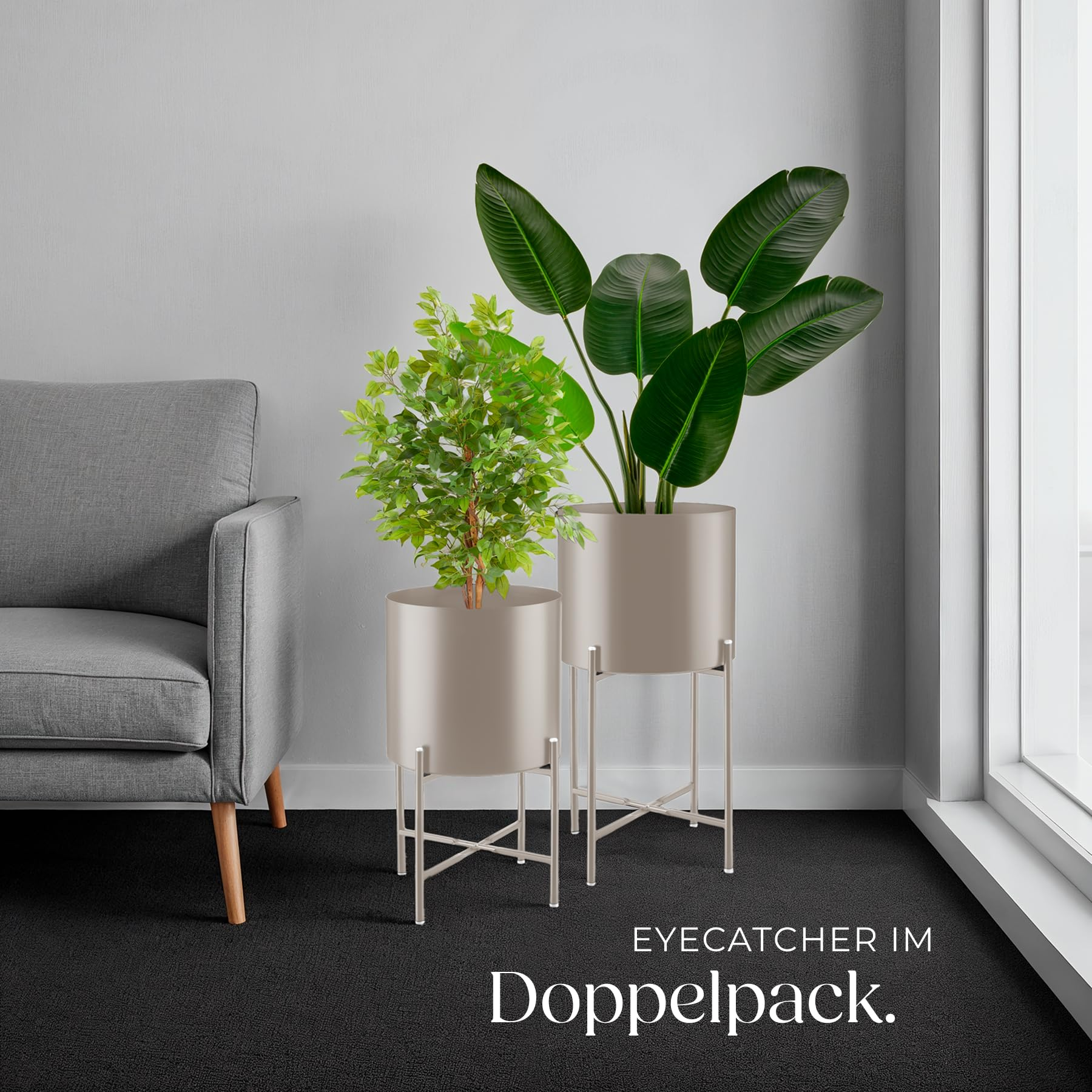 Deux plantes dans des pots gris sur pied près d'un fauteuil gris.