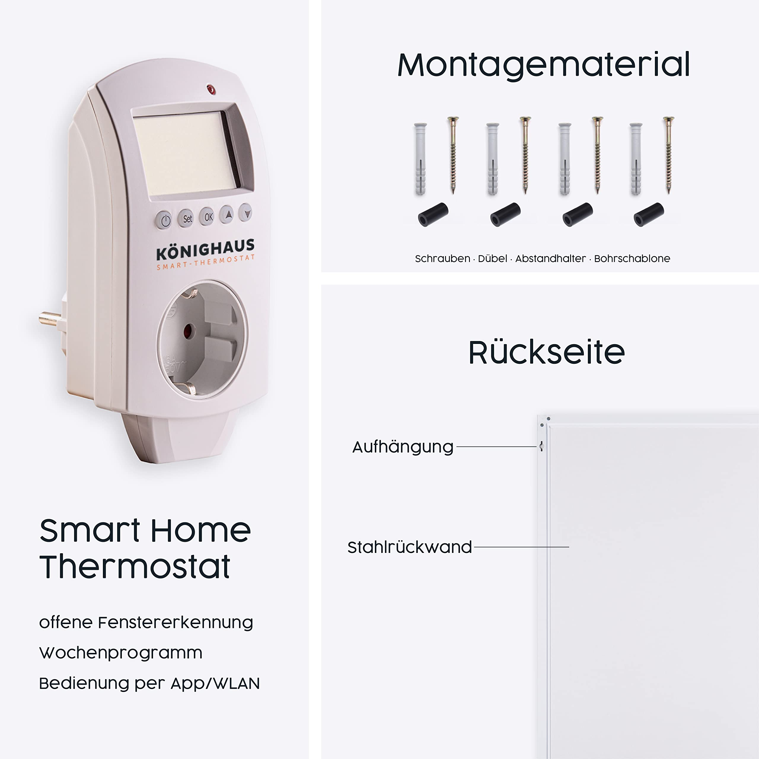 Termostato smart home con materiale di montaggio e vista posteriore.