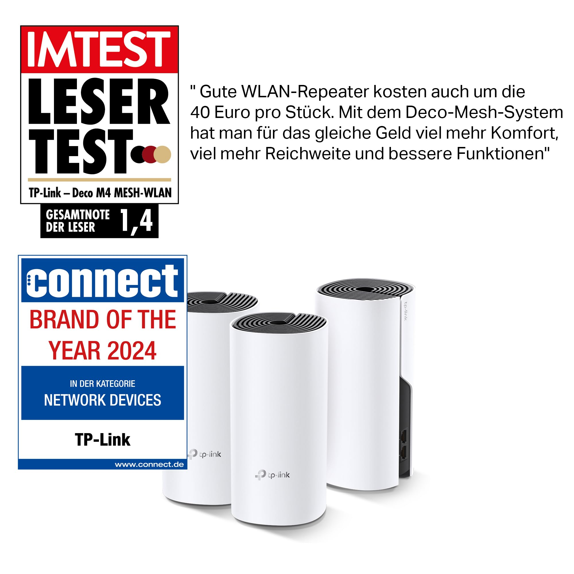 Tre router Wi-Fi mesh bianchi TP-Link accanto a due stemmi di premi e una citazione.