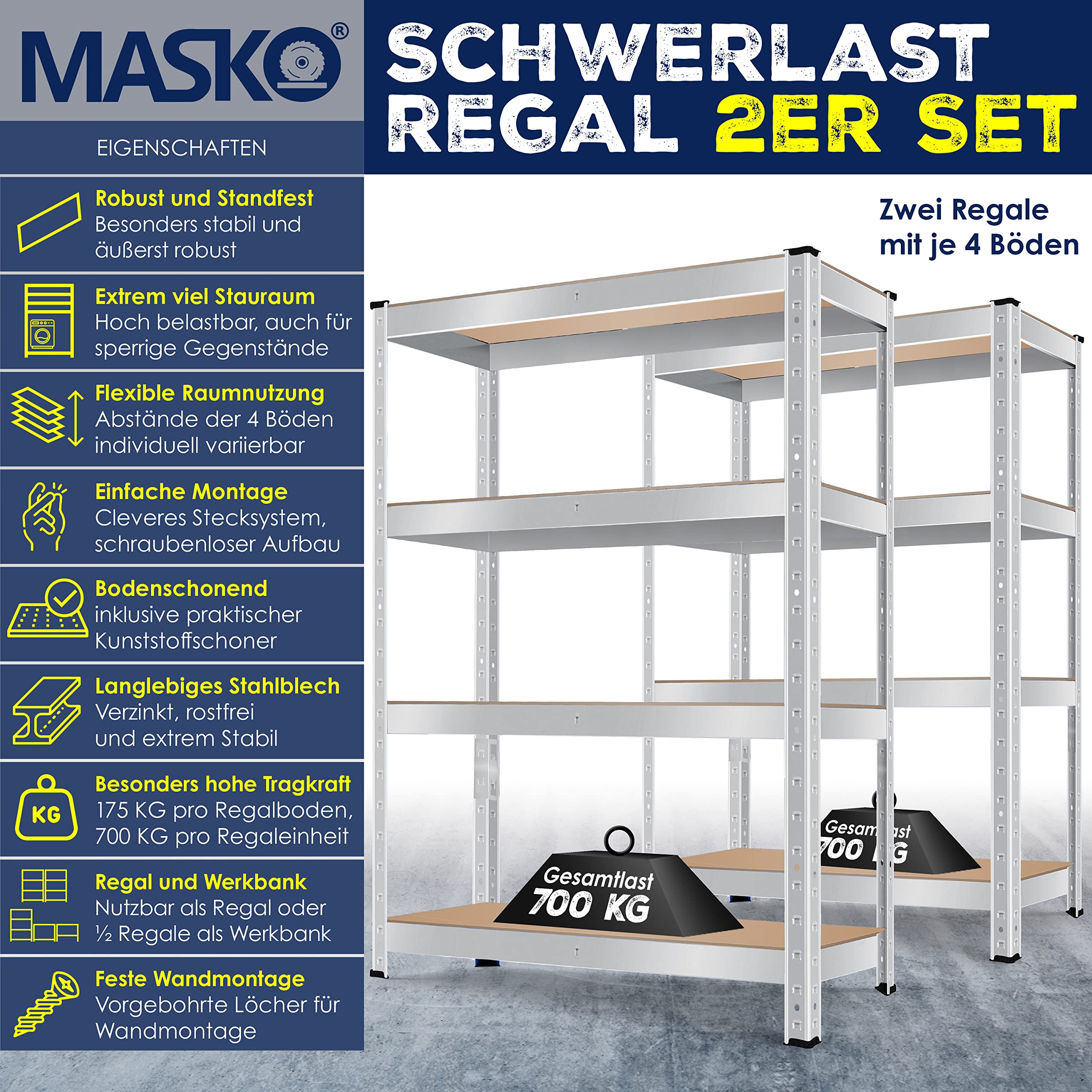 Werbebild für Masko Schwerlastregale mit vier Holzböden, Metallrahmen und Gewichtsangaben.