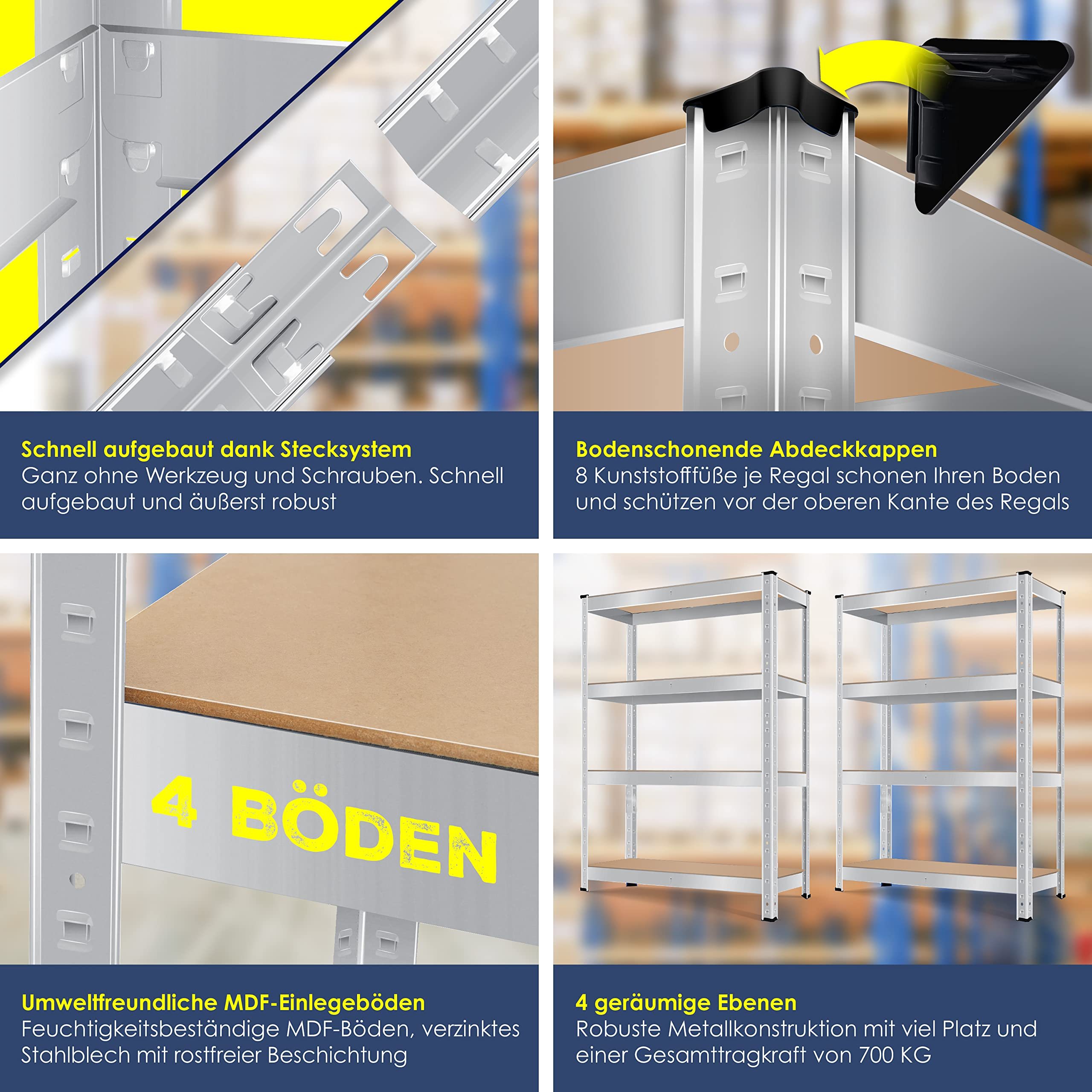 Vier Felder zeigen Metallregal-Details mit deutschem Text zu Aufbau, Kappen, MDF-Böden und Tragkraft.