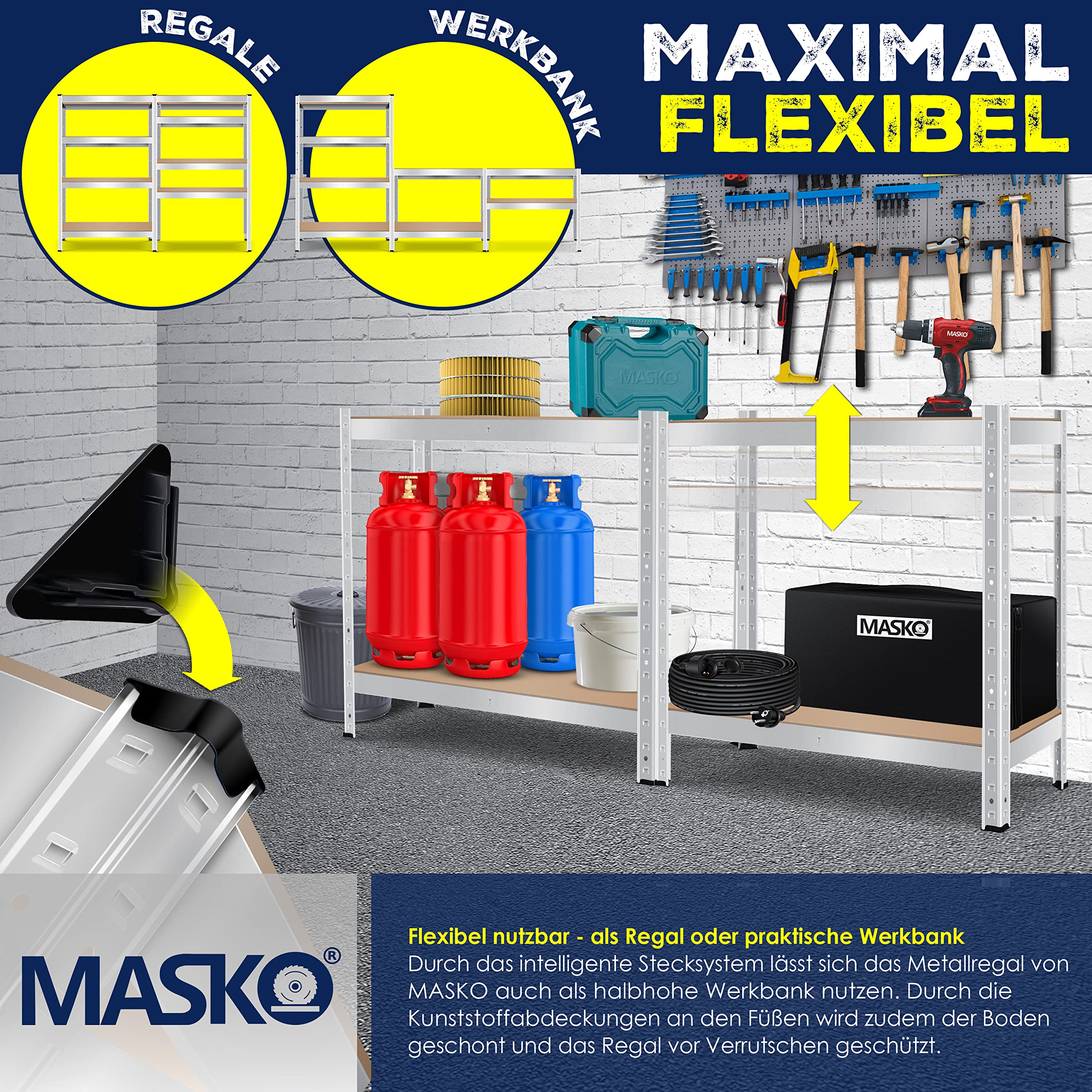 Flexibles Metallregal und Werkbank von Masko mit Werkzeugen, Gasflaschen und Werkwand an Ziegelwand.