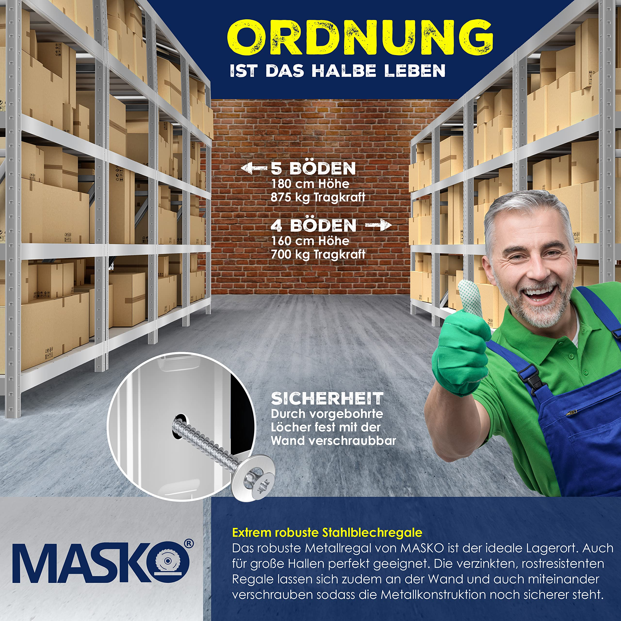 Lächelnter Arbeiter gibt Daumen hoch in einem Lager mit Regalen voller Kartons.
