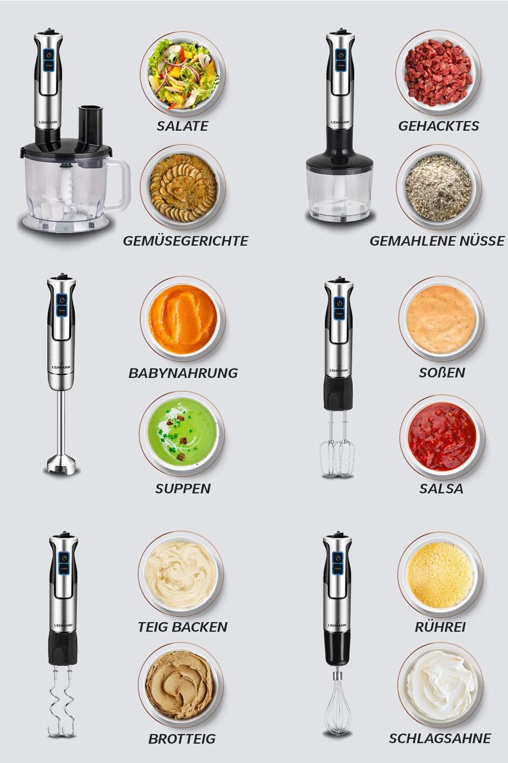 Ein Stabmixer-Set mit verschiedenen Aufsätzen zeigt Beispiele für Zubereitungen wie Salate, Suppen und Teig.