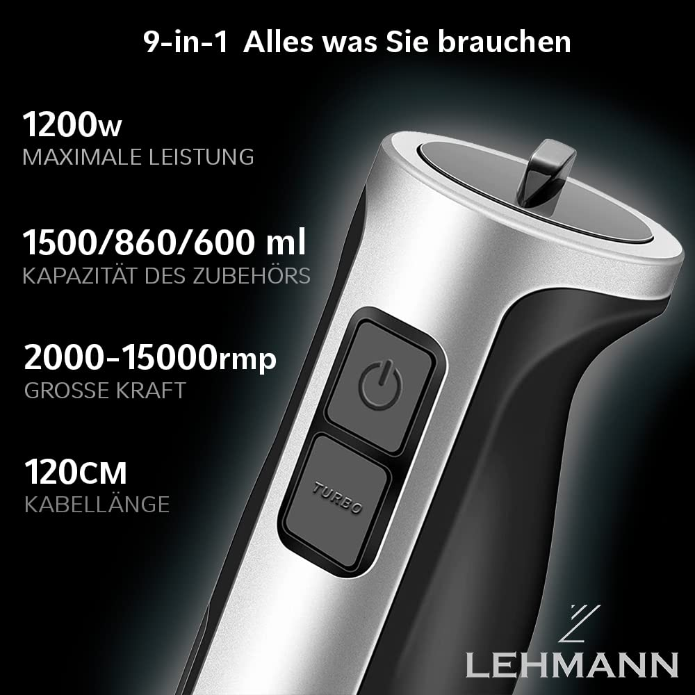 Handmixer mit Power-, Turbo-Tasten, technischen Daten und Lehmann-Logo auf schwarzem Hintergrund.