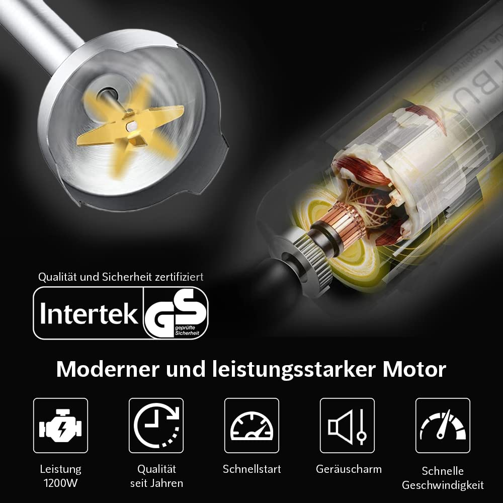 Handmixer mit starkem Motor, goldgelben Klingen und fünf Funktionssymbolen unten.