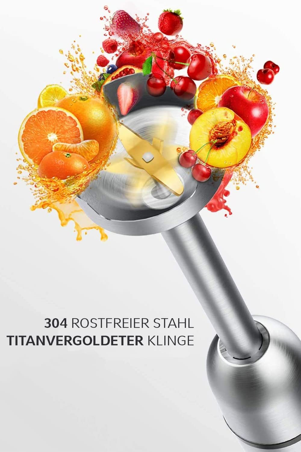 Edelstahl-Stabmixer mit goldener Klinge, umgeben von spritzendem Obst und Saft.