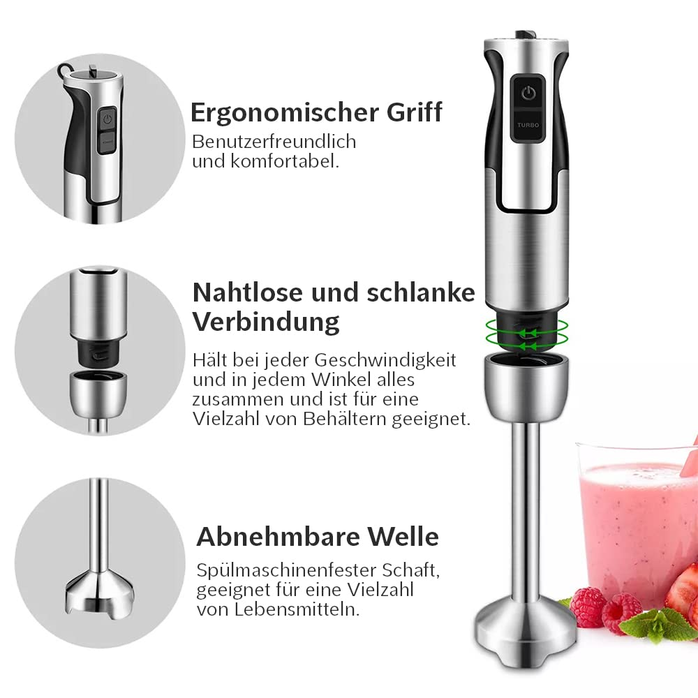 Ein silberner Stabmixer mit ergonomischem Griff, abnehmbarem Schaft und deutschen Texten.