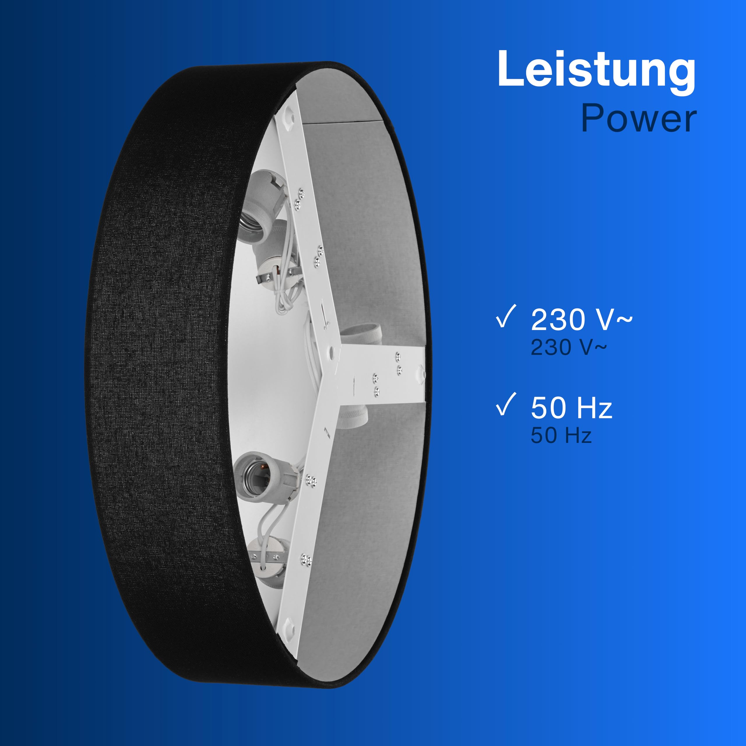 Lampada da soffitto rotonda nera su sfondo blu con specifiche di potenza di 230V e 50Hz.