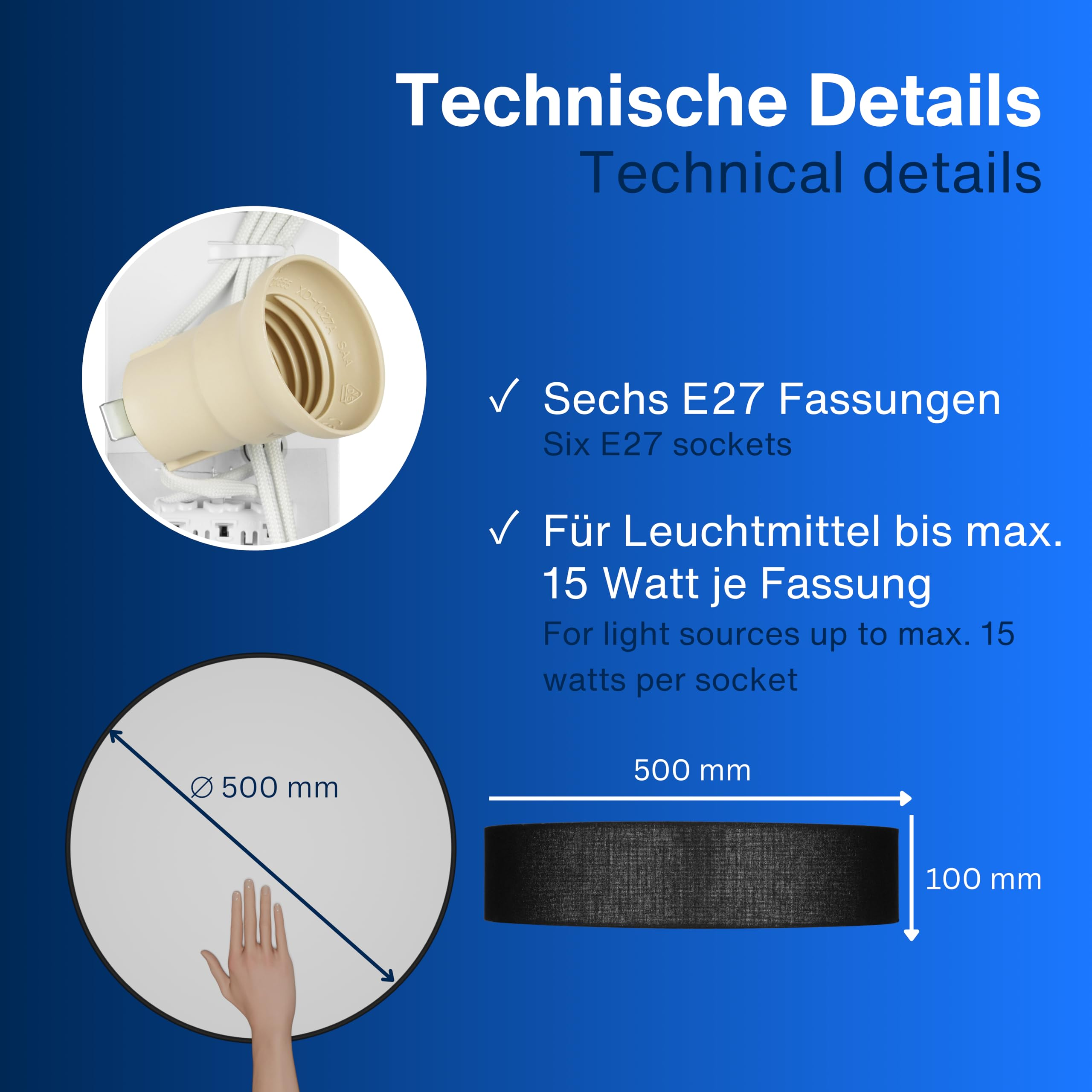 Dettagli tecnici: sei attacchi E27, max 15 watt, diametro 500 mm, altezza 100 mm.