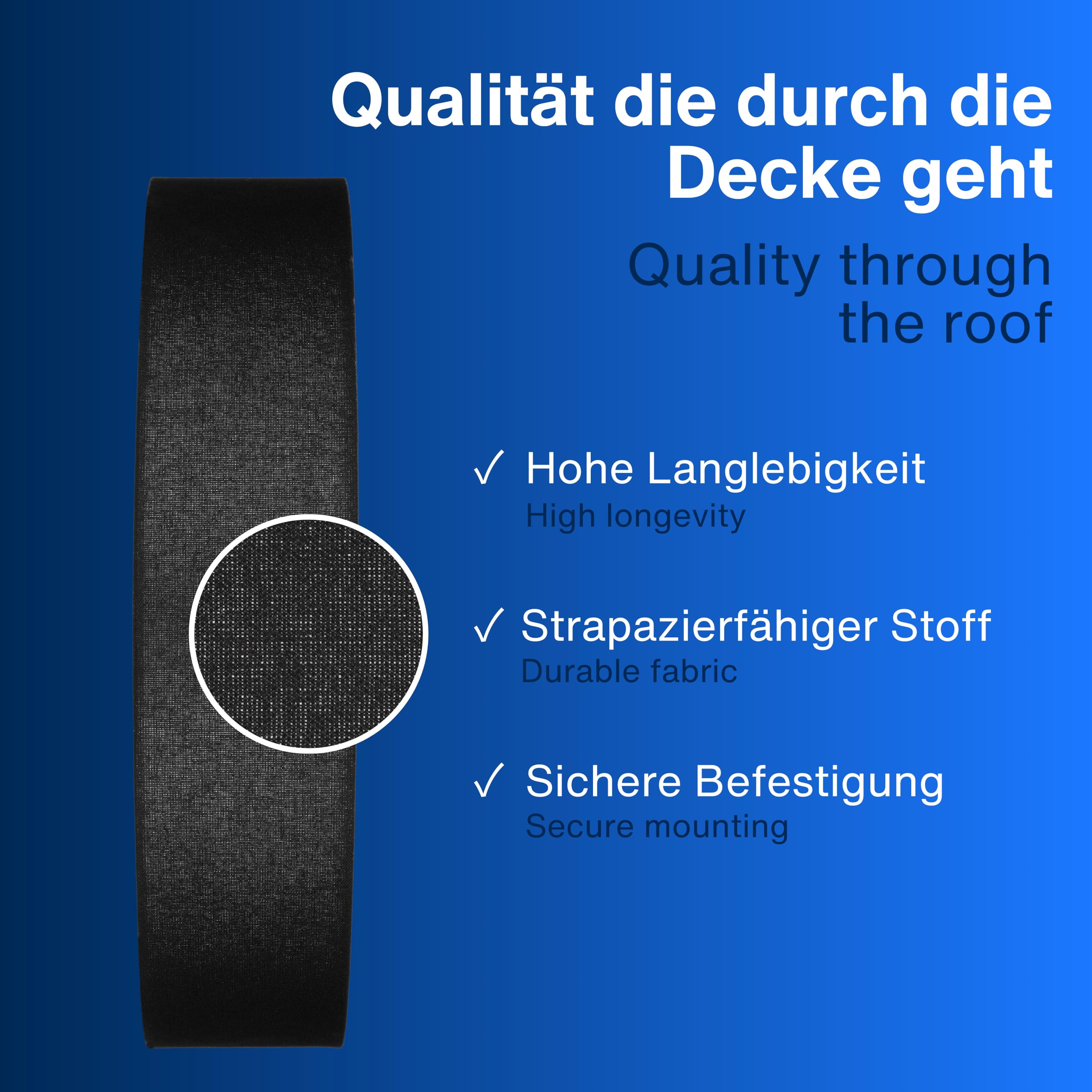 Annuncio blu che mostra un cinturino in tessuto nero con testo su qualità e durata.