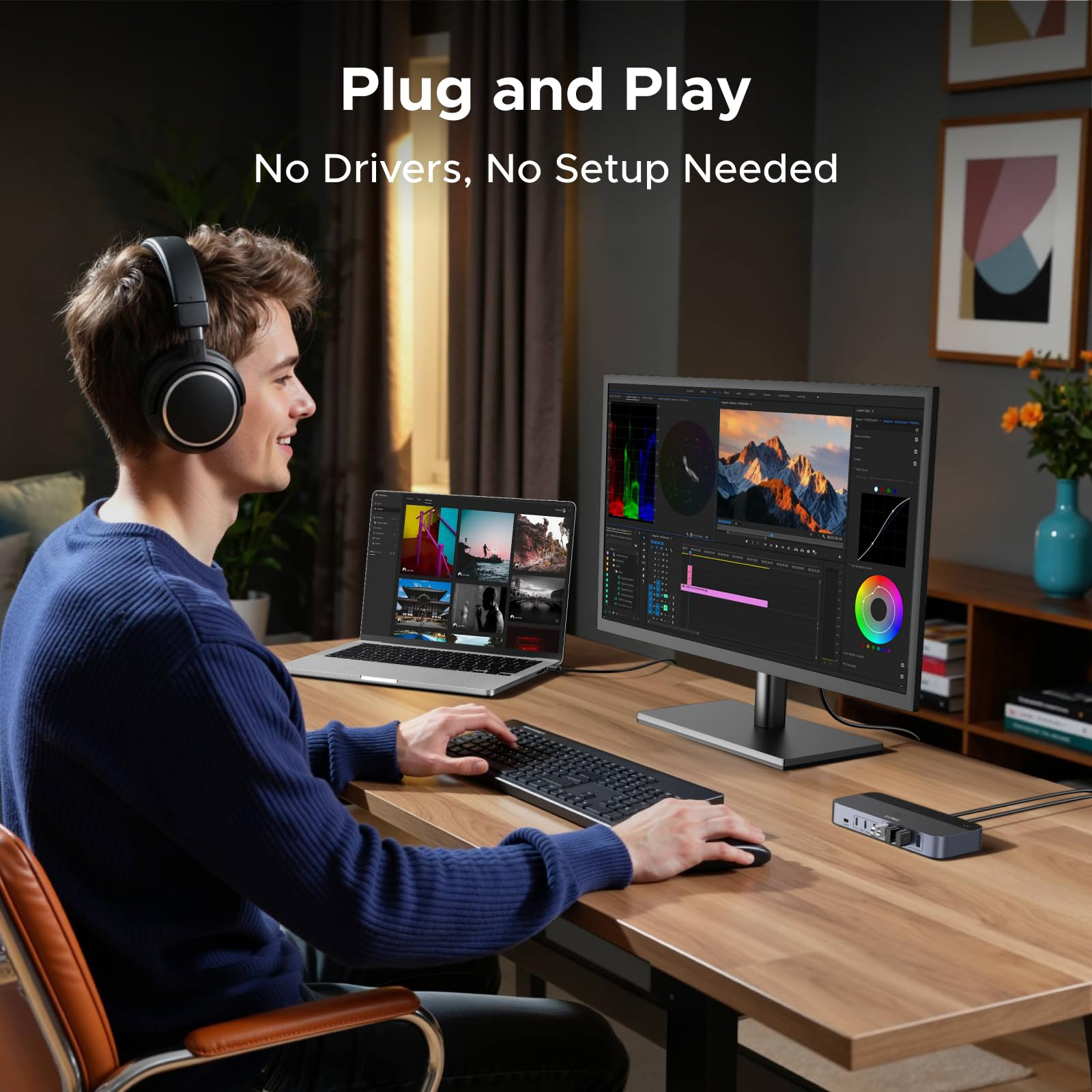 Un uomo con le cuffie lavora a una scrivania in legno con laptop, monitor, tastiera, mouse e hub.