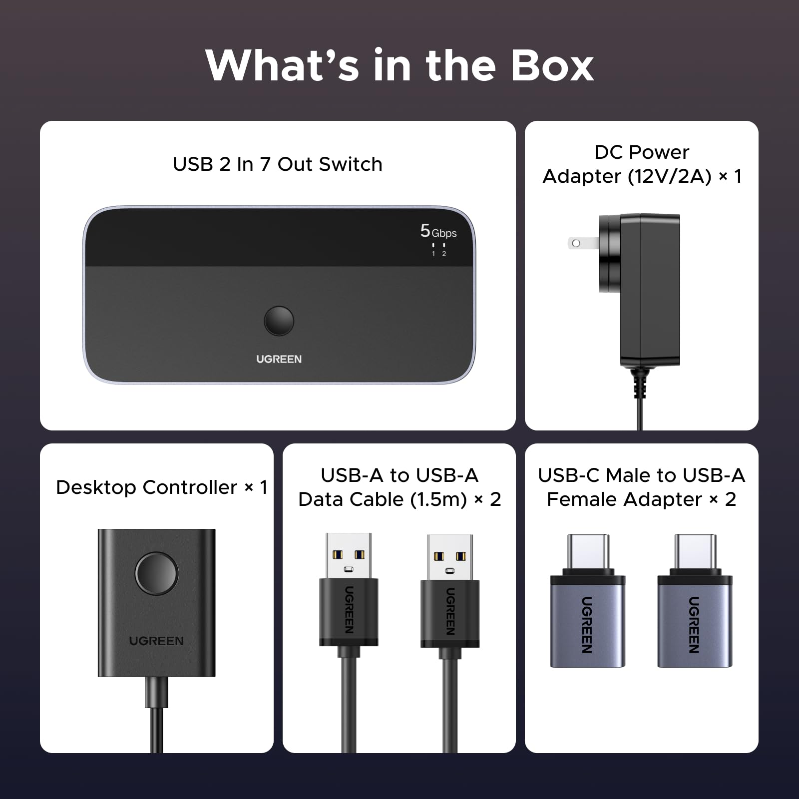 Contenuto: switch USB, alimentatore, controller desktop, due cavi USB-A e due adattatori da USB-C a USB-A.