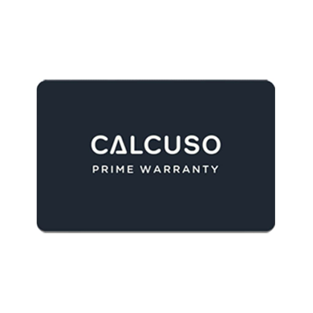 Eine dunkelblaue Calcuso Prime Warranty Karte mit weißem Text.
