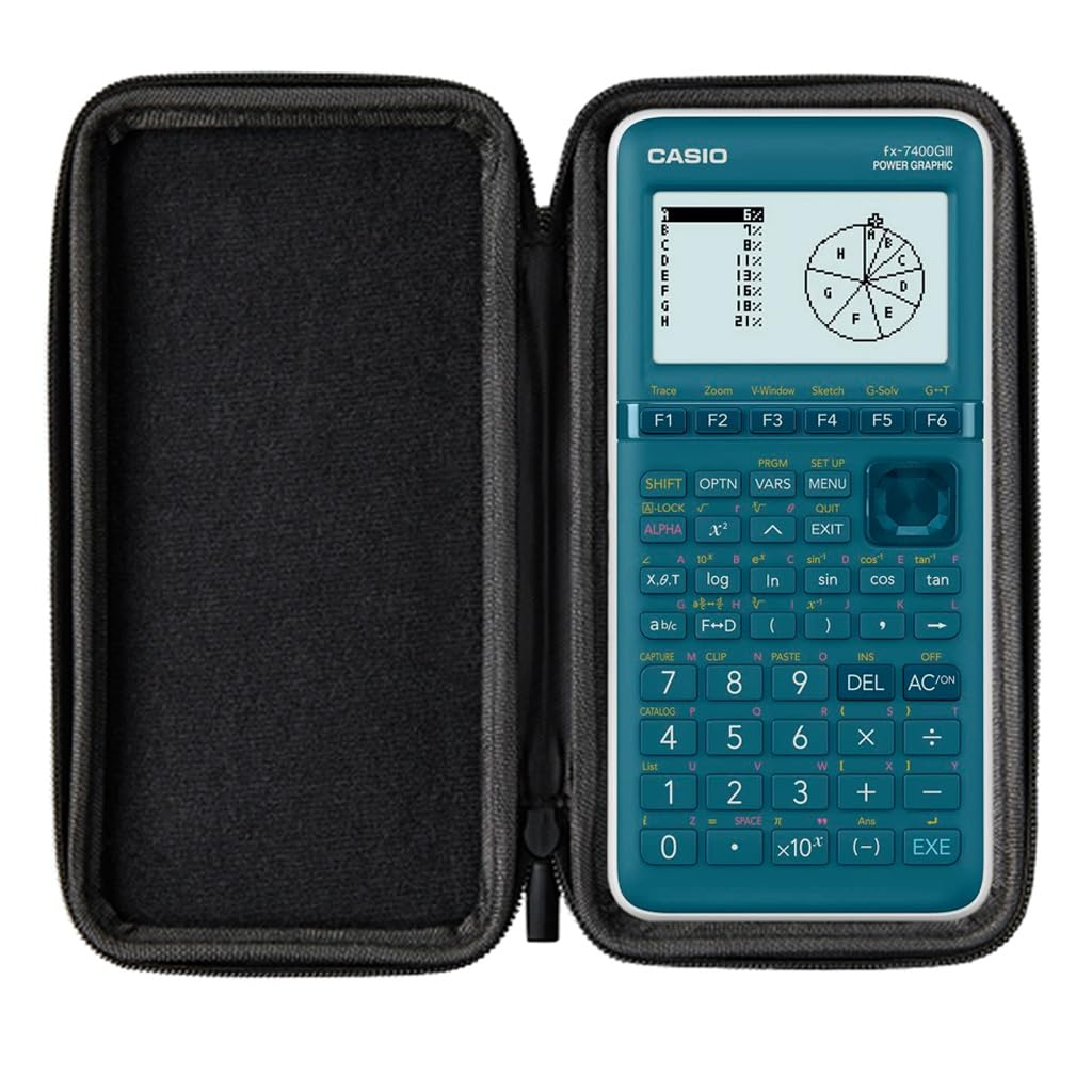 Ein blauer Casio-Grafikrechner liegt in einer geöffneten schwarzen Schutzhülle.