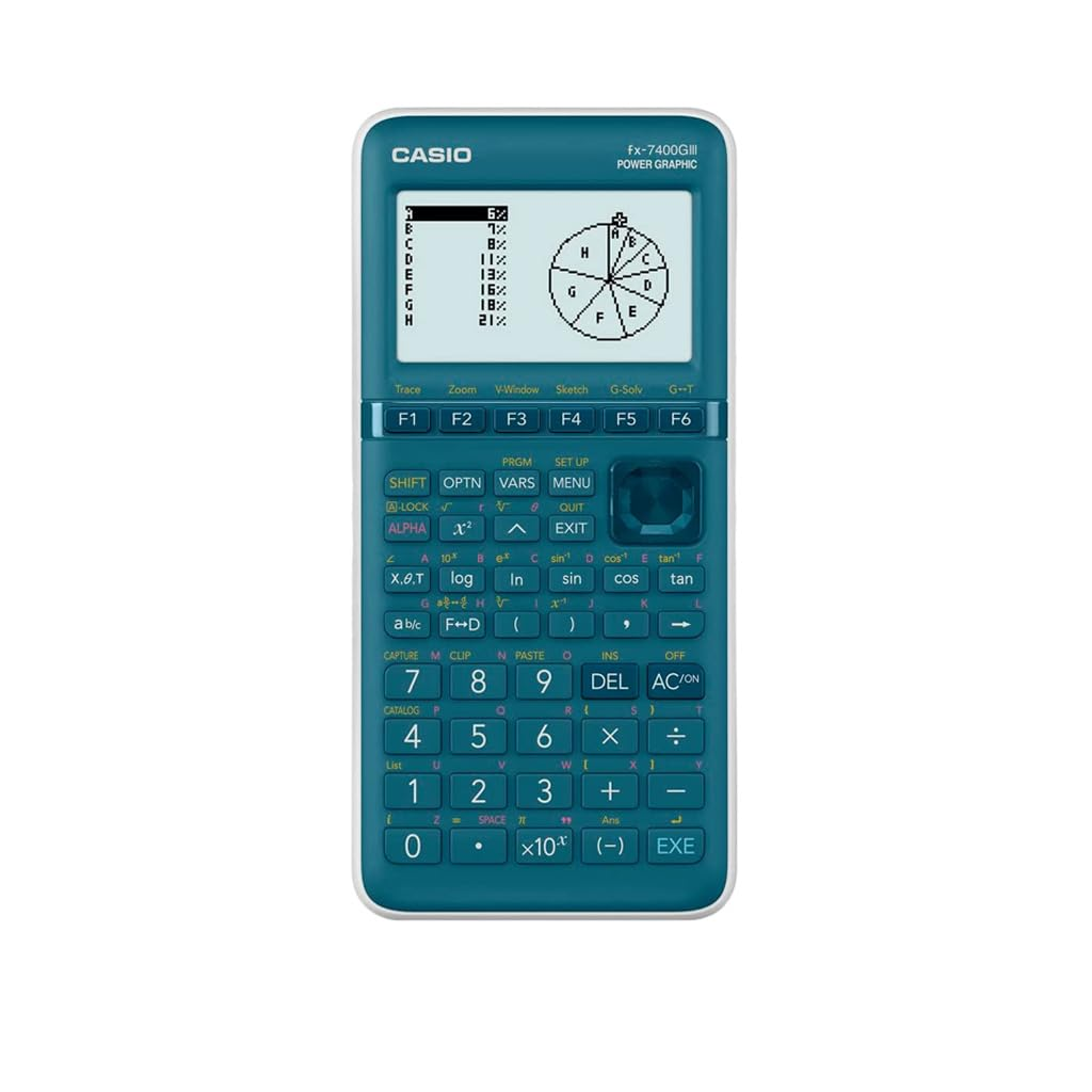 Ein blauer Casio-Grafikrechner mit Bildschirm, Funktionstasten und Ziffernblock auf weißem Hintergrund.