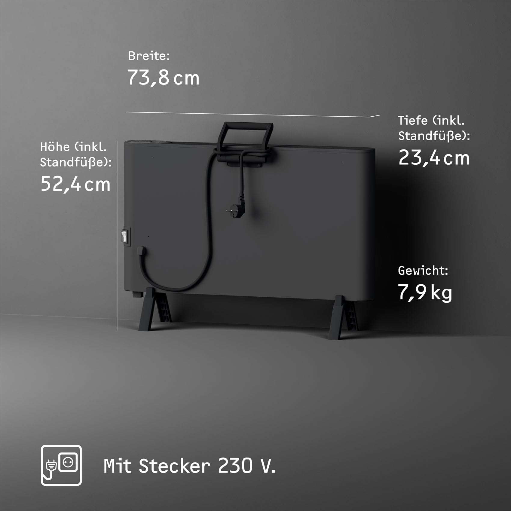 Riscaldatore nero con dimensioni: larghezza 73,8 cm, altezza 52,4 cm, profondità 23,4 cm, peso 7,9 kg, spina 230 V.
